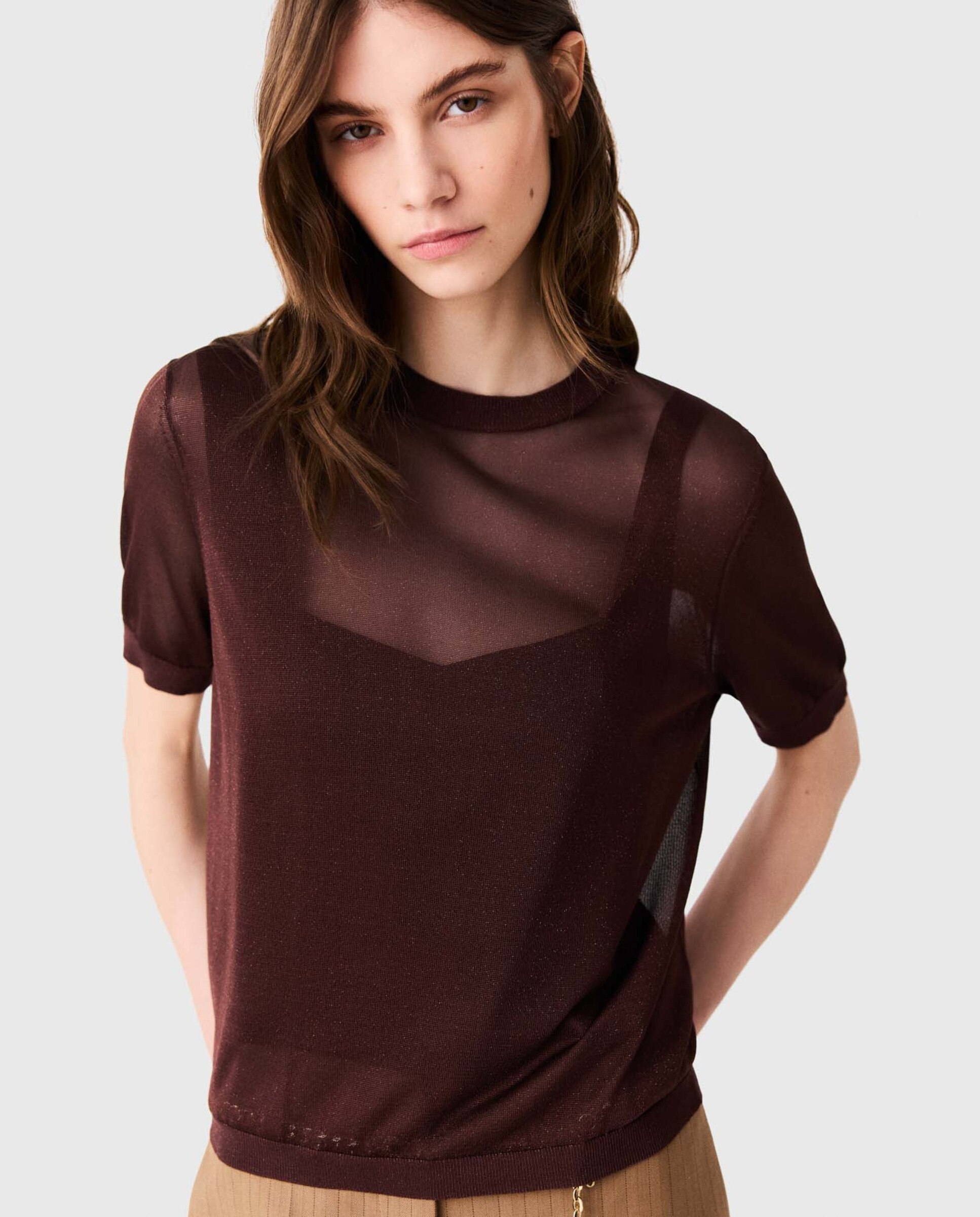 Imagen 0 de Jersey de mujer 2 en 1 de efecto transparente Marrón