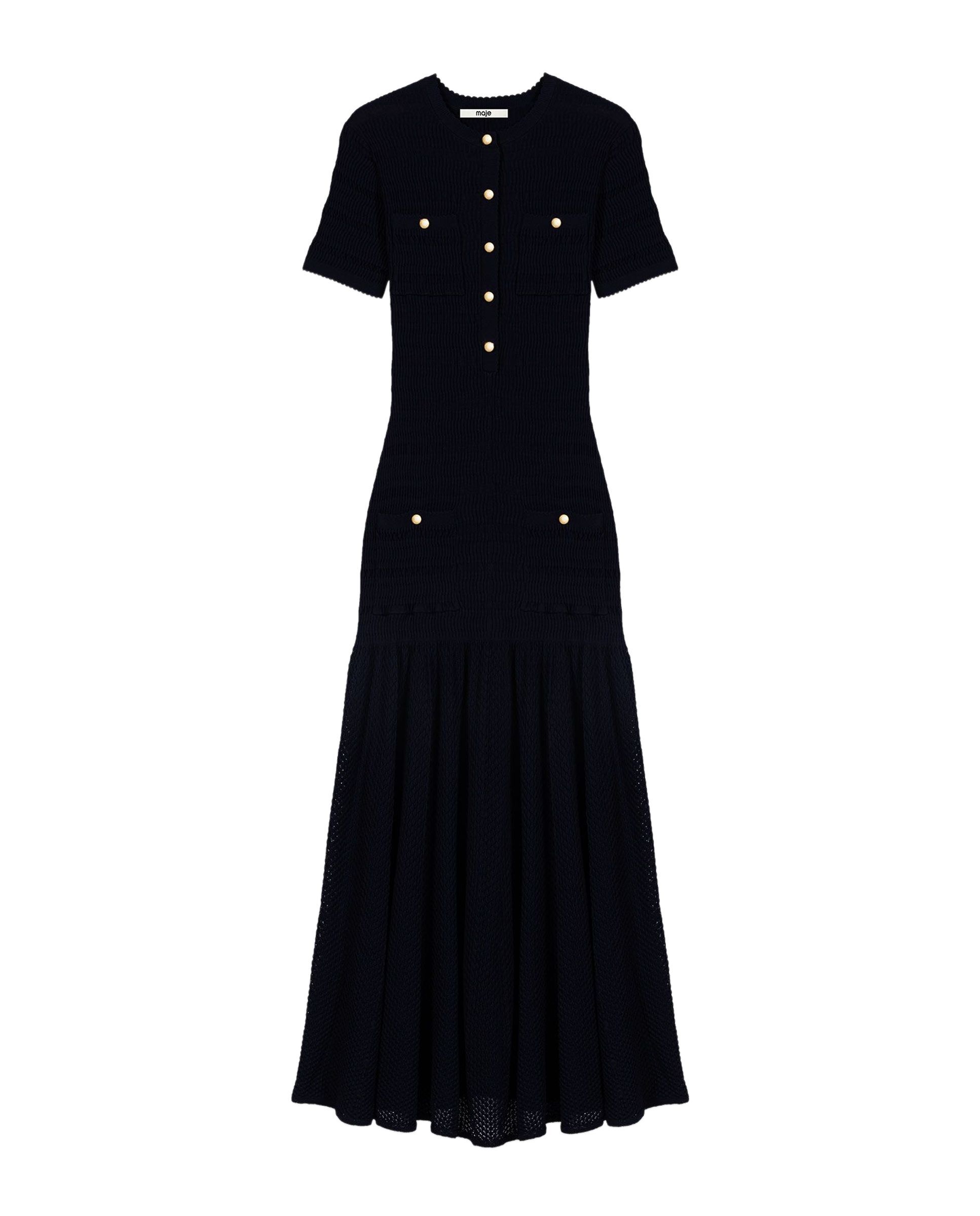 Vestido largo de punto pointelle con manga corta - Maje - Azul marino Azul marino-6