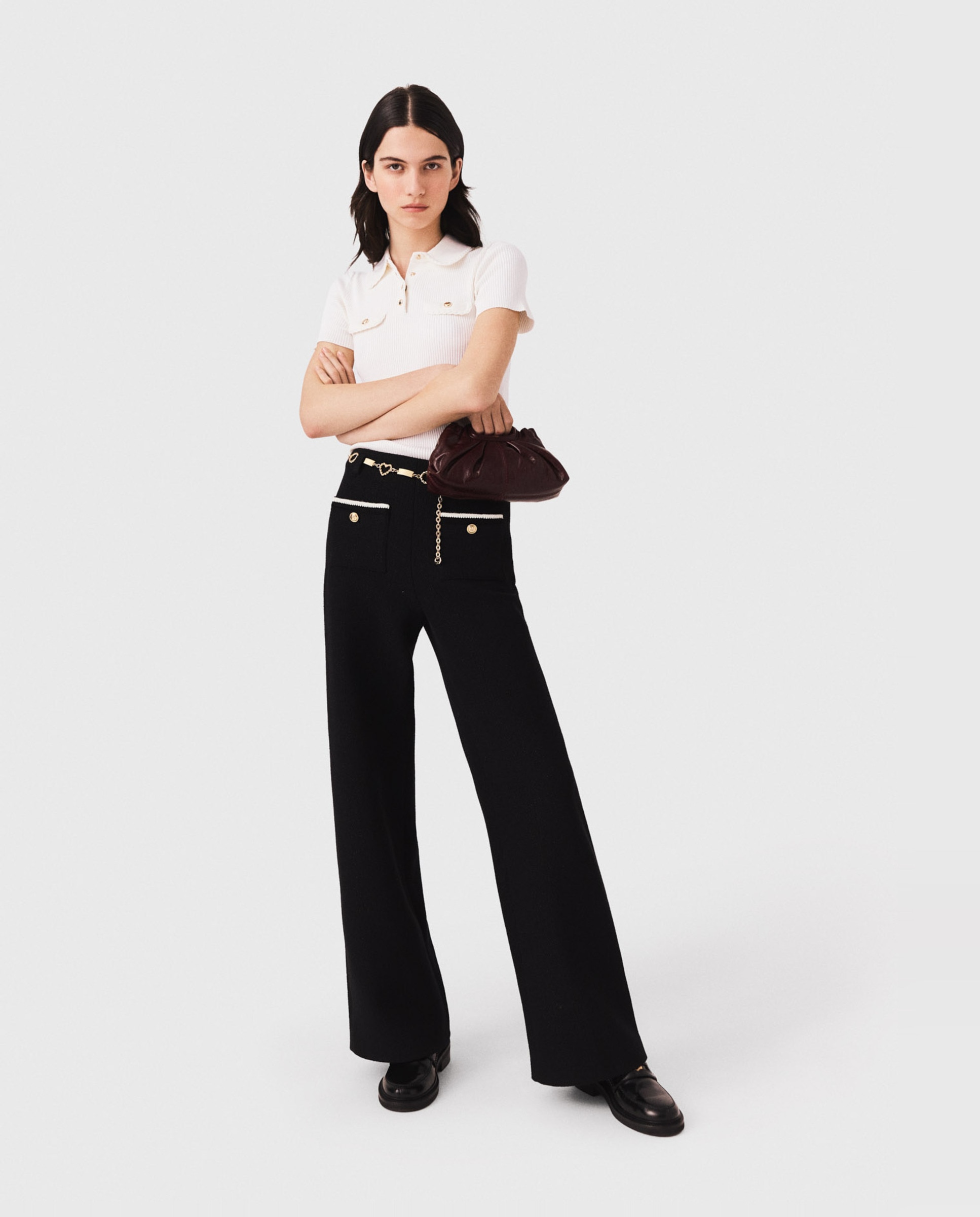 Pantalones anchos de mujer de talle alto y tweed lúrex - Maje - Negro Negro-5