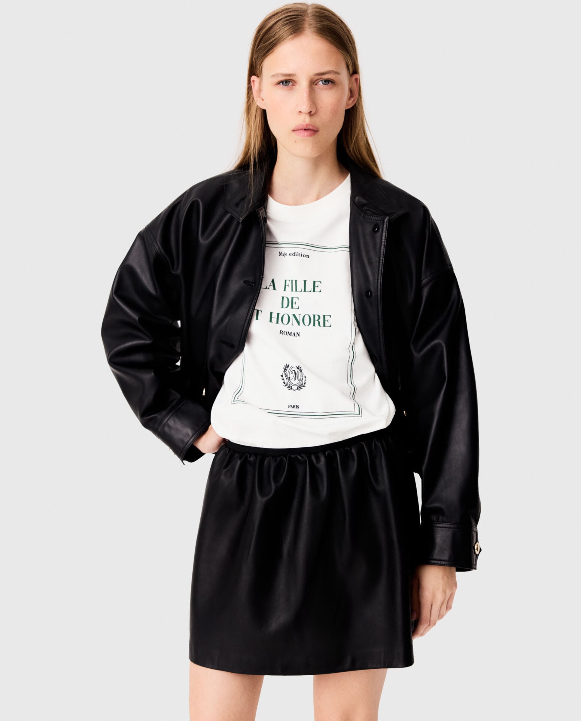 Falda corta acampanada fruncida de cuero - Maje - Negro Negro-4