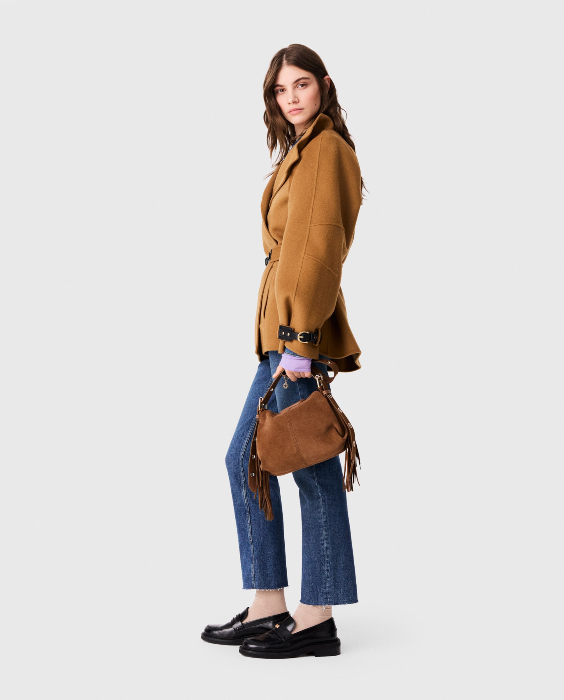 Abrigo de paño de mujer midi de lana doble faz con cinturón de hebilla - Maje - Camel Camel-3