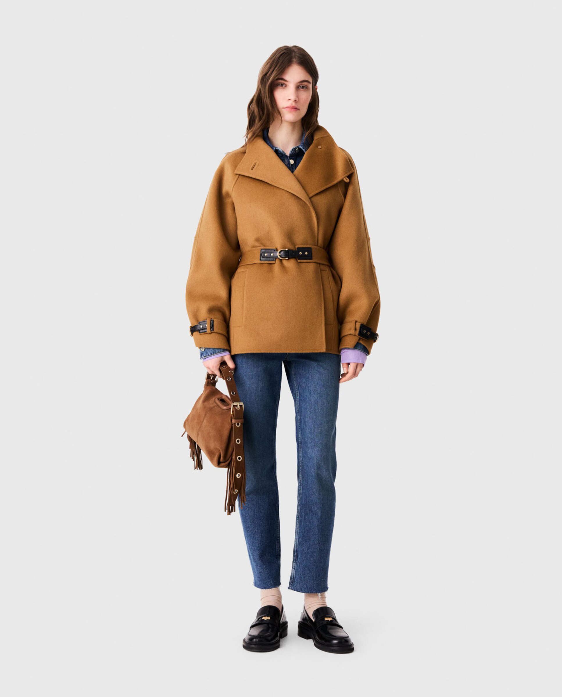 Abrigo de paño de mujer midi de lana doble faz con cinturón de hebilla - Maje - Camel Camel-4