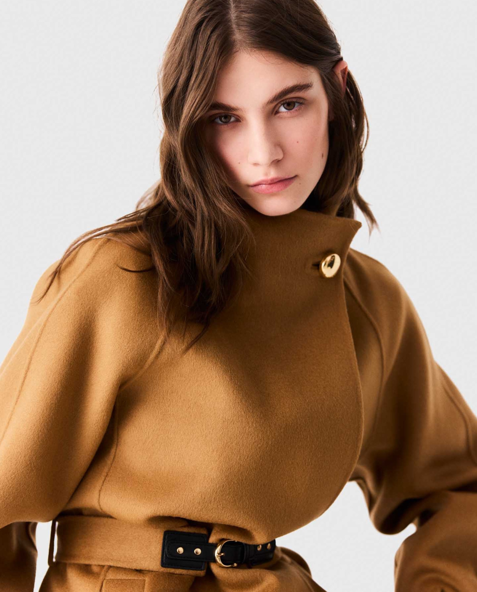 Abrigo de paño de mujer midi de lana doble faz con cinturón de hebilla - Maje - Camel Camel-5