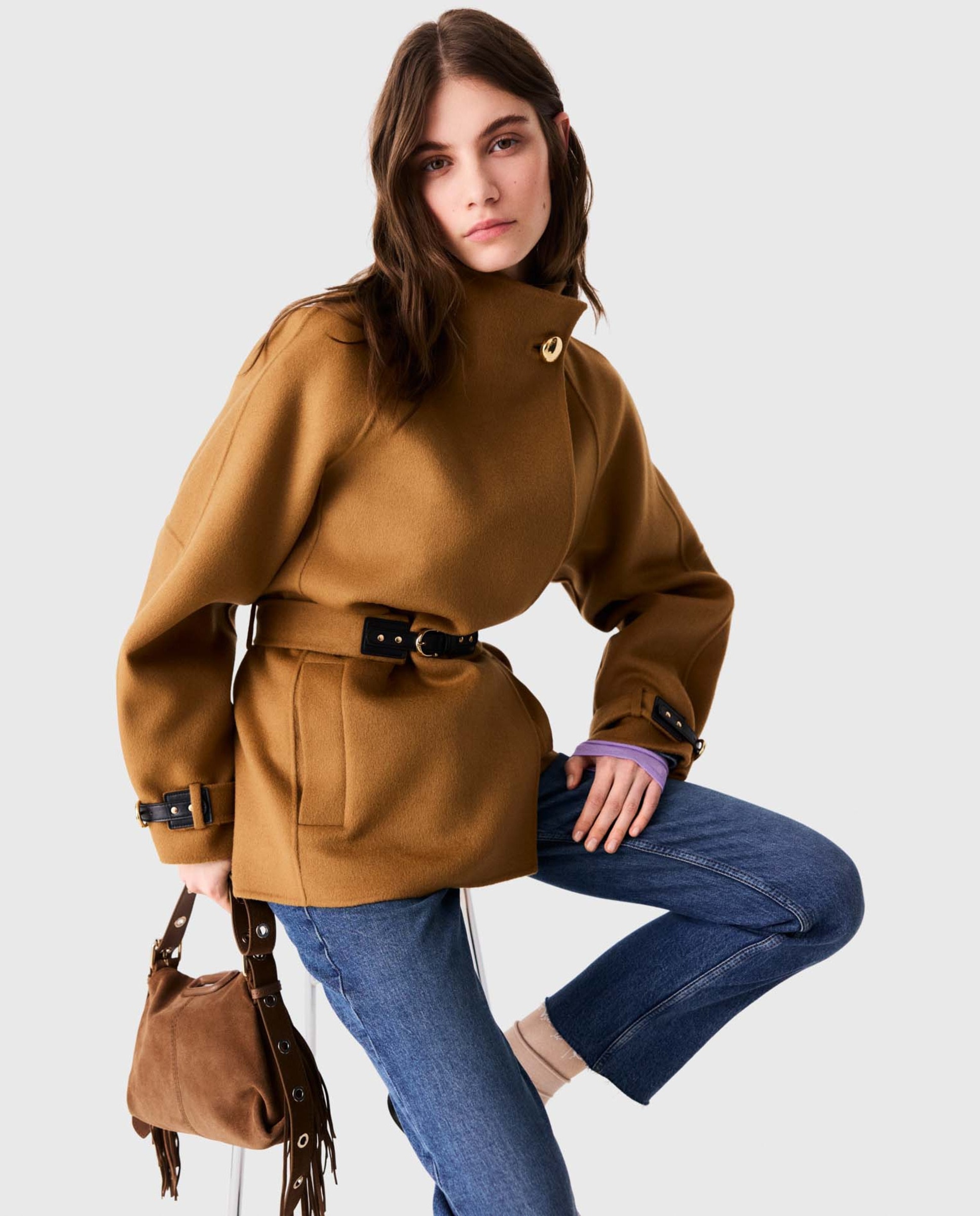 Abrigo de paño de mujer midi de lana doble faz con cinturón de hebilla - Maje - Camel Camel-7