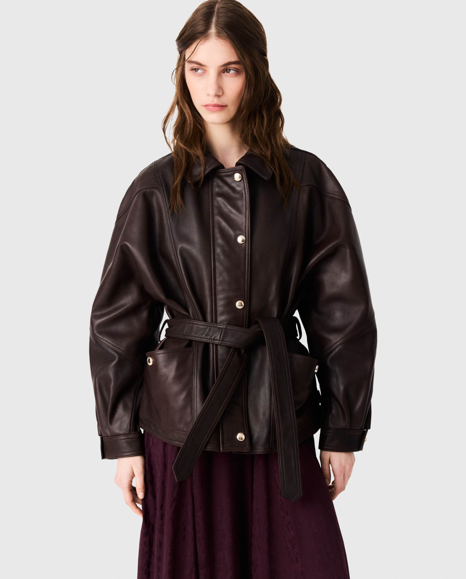 Cazadora de mujer de piel oversize con botones dorados - Maje - Marrón Marrón-1