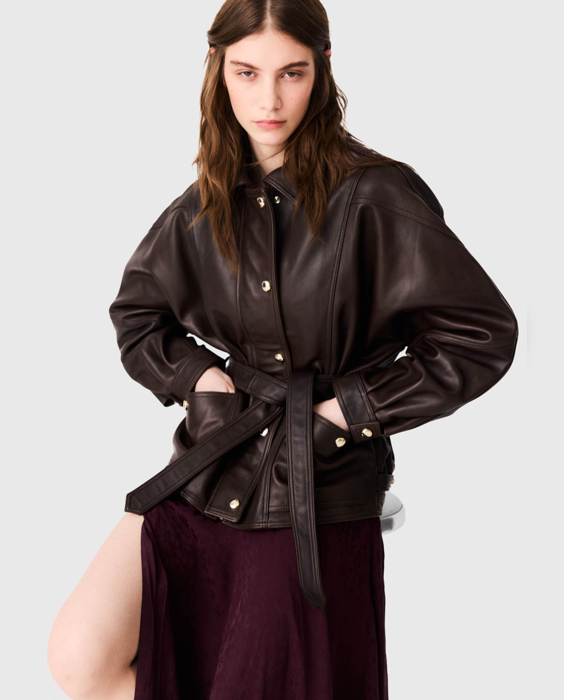 Cazadora de mujer de piel oversize con botones dorados - Maje - Marrón Marrón-5