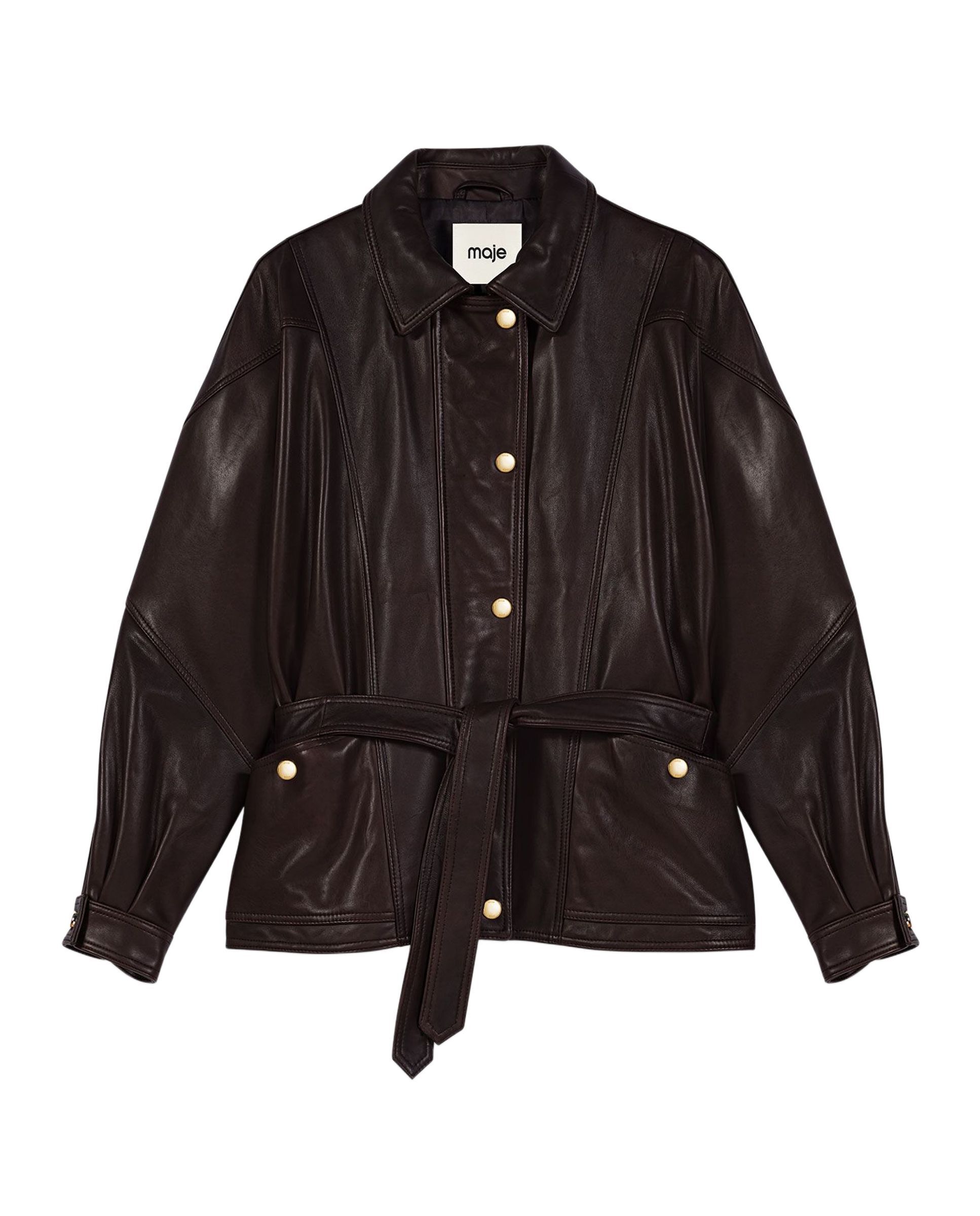 Cazadora de mujer de piel oversize con botones dorados - Maje - Marrón Marrón-7