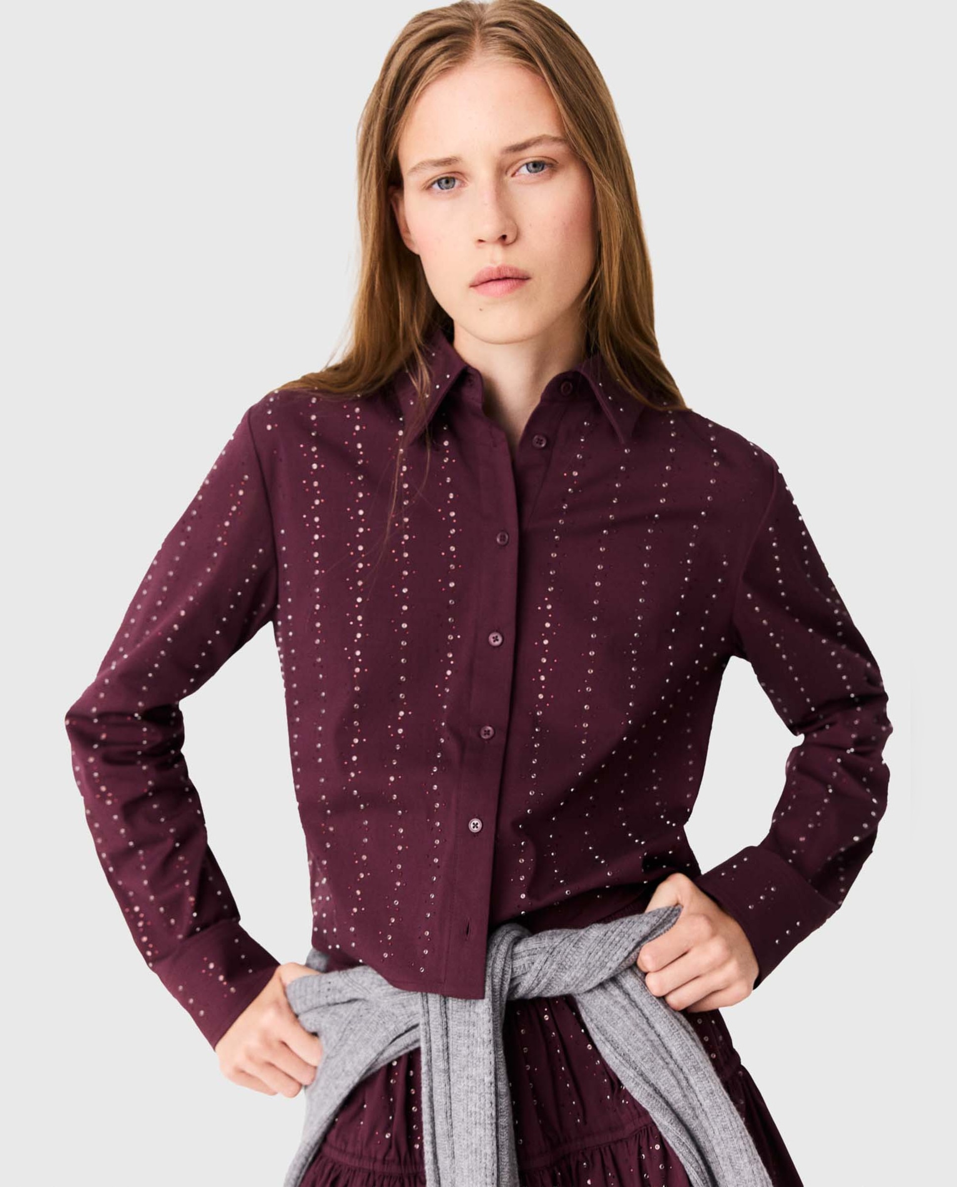 Camisa de mujer corta de algodón con strass - Maje - Rojo Rojo-1