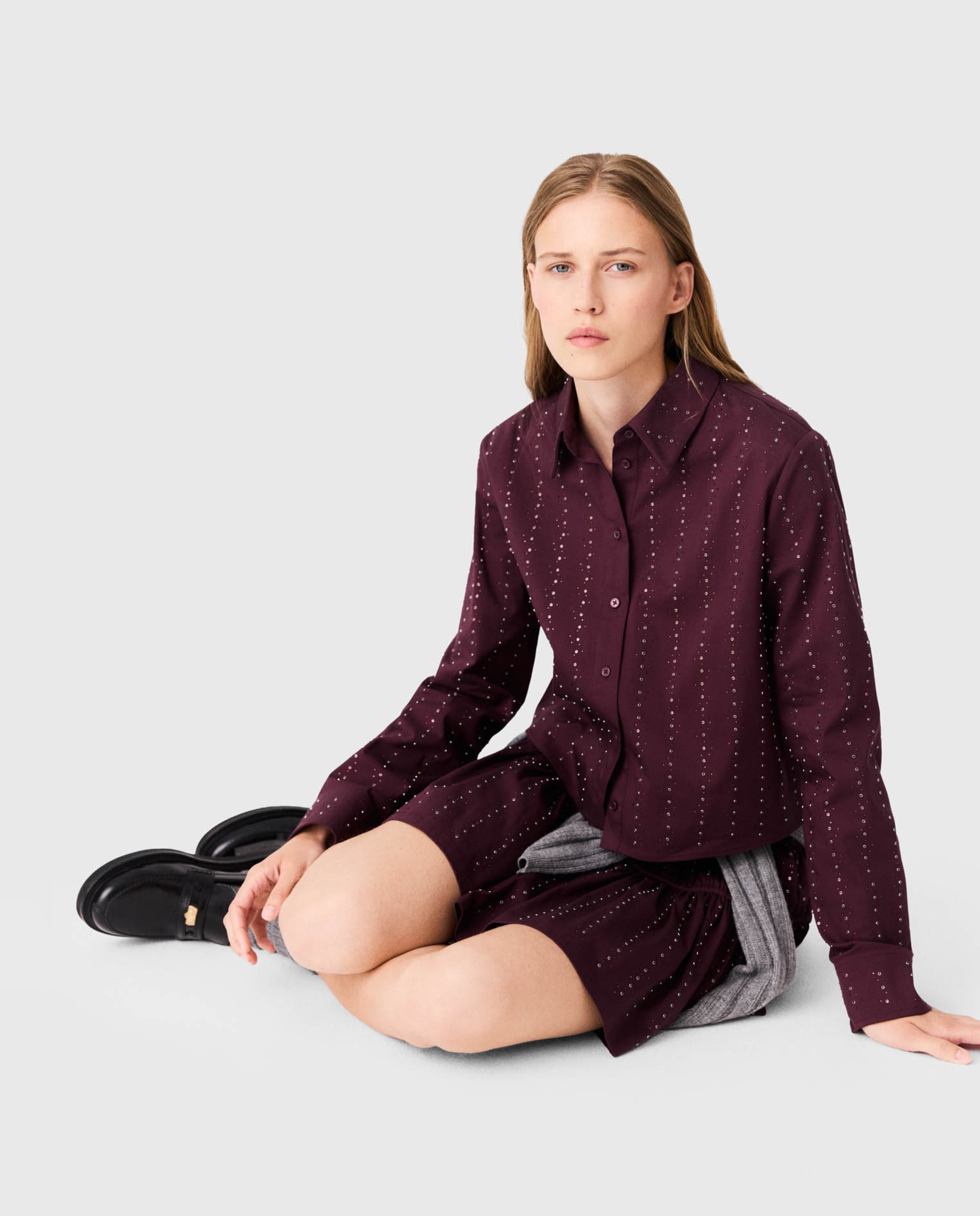 Camisa de mujer corta de algodón con strass - Maje - Rojo Rojo-5