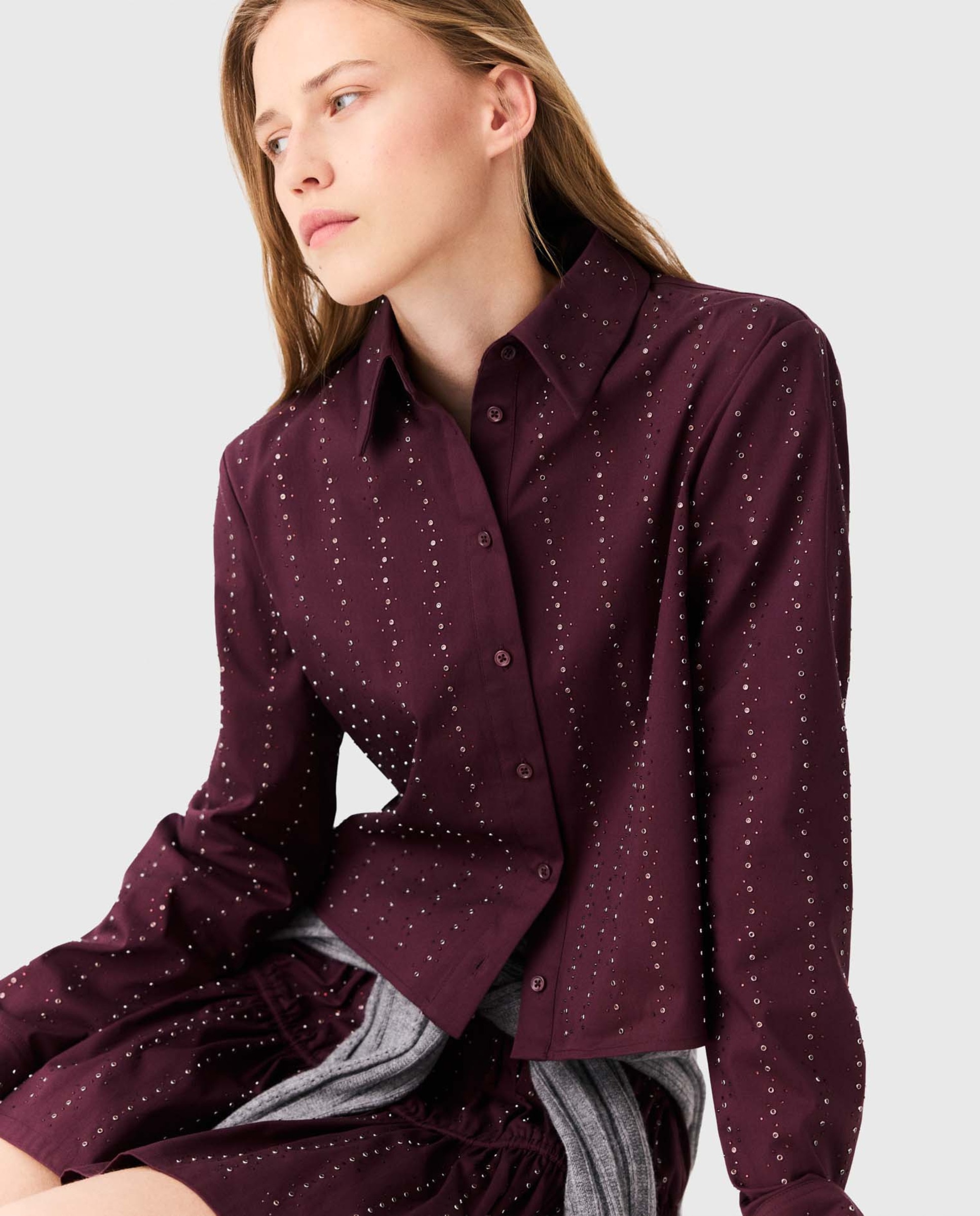 Camisa de mujer corta de algodón con strass - Maje - Rojo Rojo-6