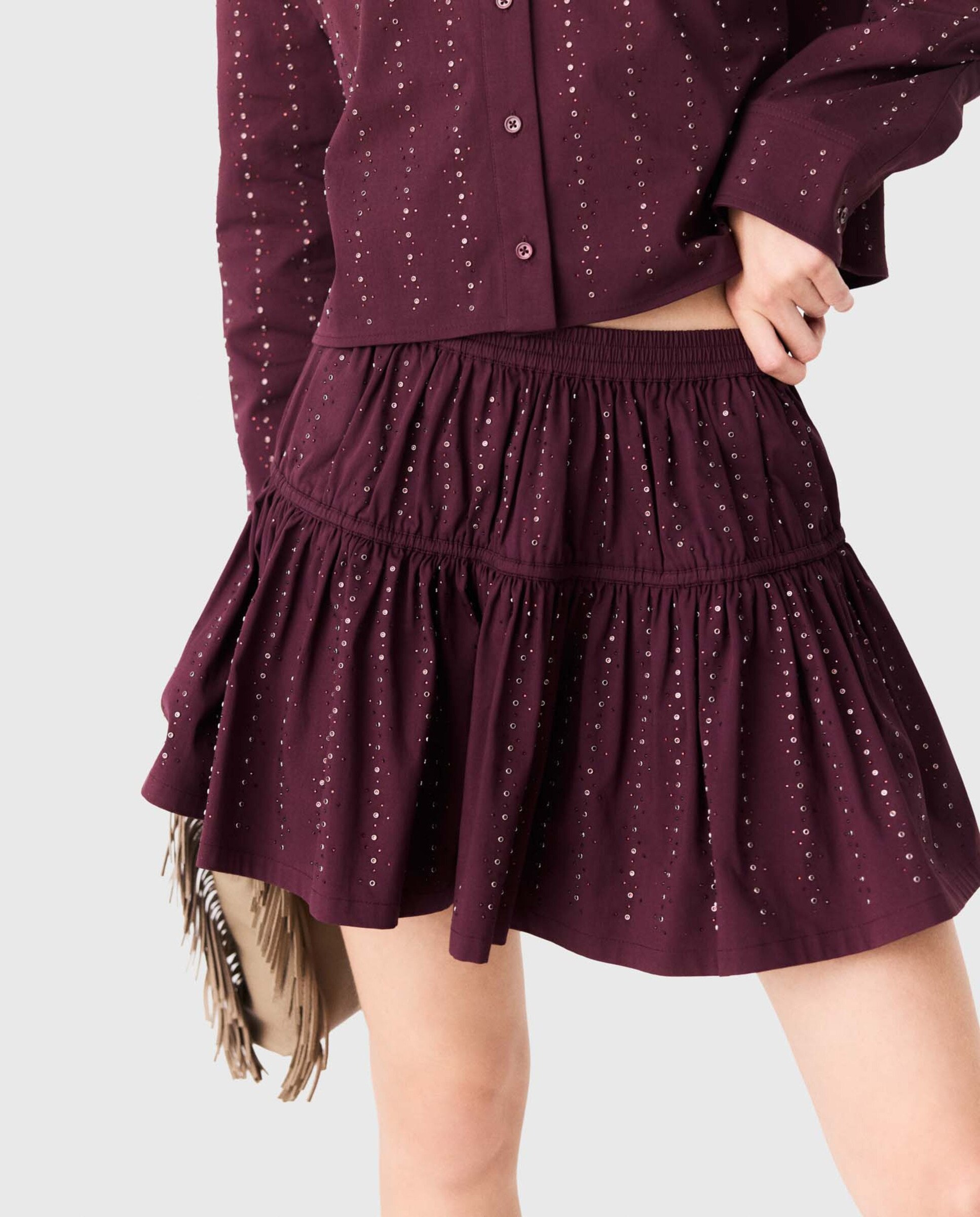 Falda corta acampanada de algodón con strass y volantes - Maje - Rojo Rojo-6