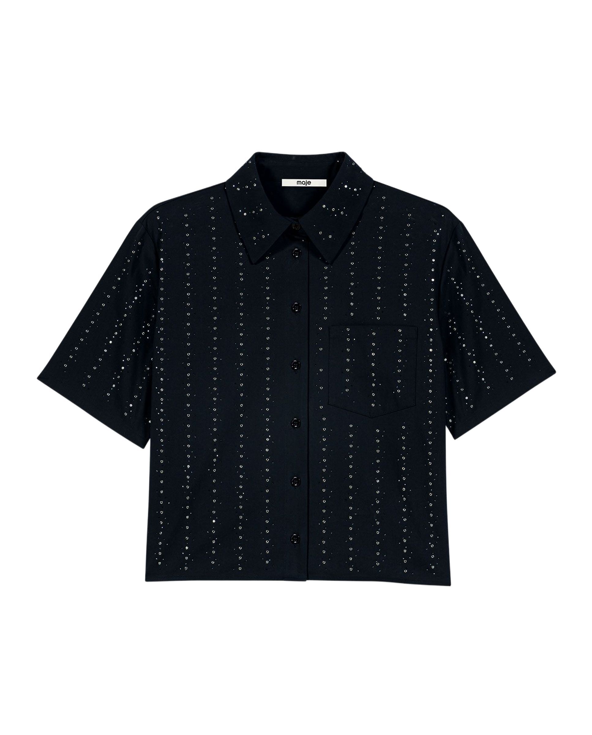 Camisa femenina corta de algodón con strass y corte recto - Maje - Azul marino Azul marino-7