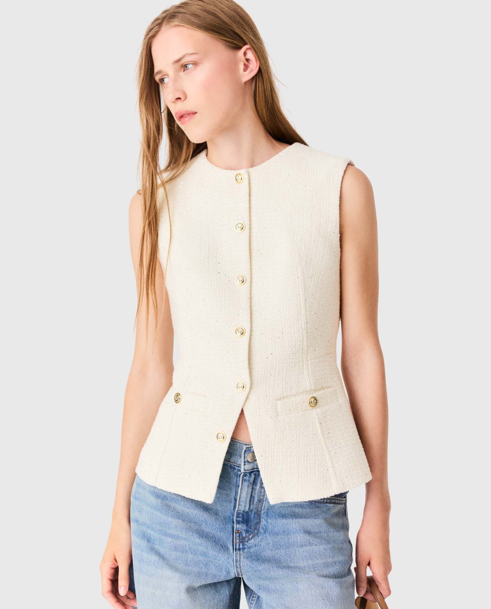 Chaleco de mujer largo entallado de tweed de algodón con lentejuelas - Maje - Blanco Blanco-1