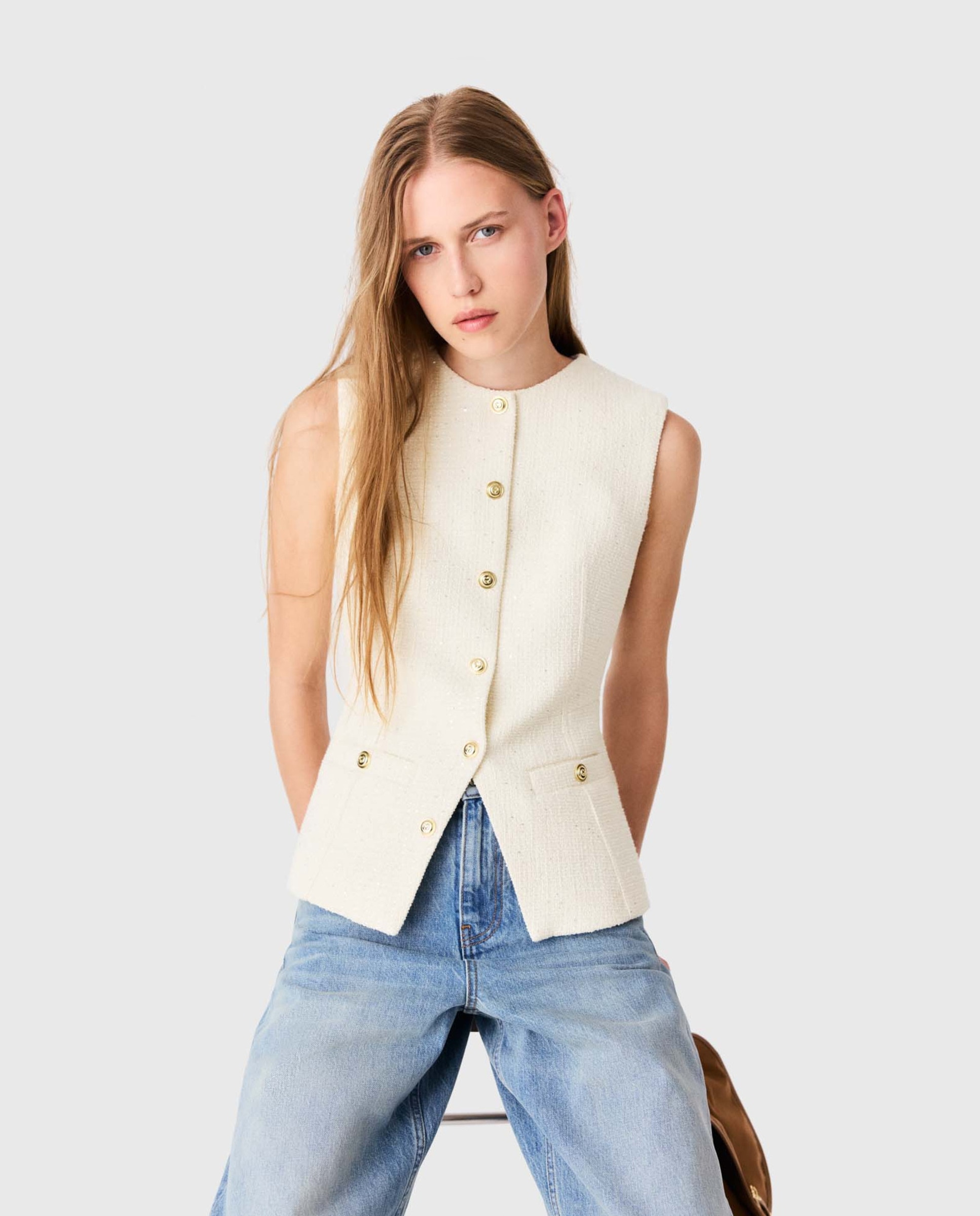 Chaleco de mujer largo entallado de tweed de algodón con lentejuelas - Maje - Blanco Blanco-5