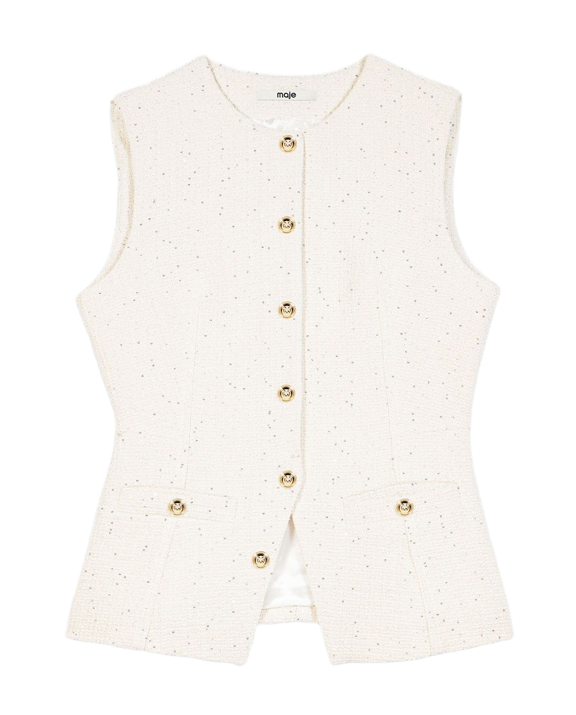 Chaleco de mujer largo entallado de tweed de algodón con lentejuelas - Maje - Blanco Blanco-8