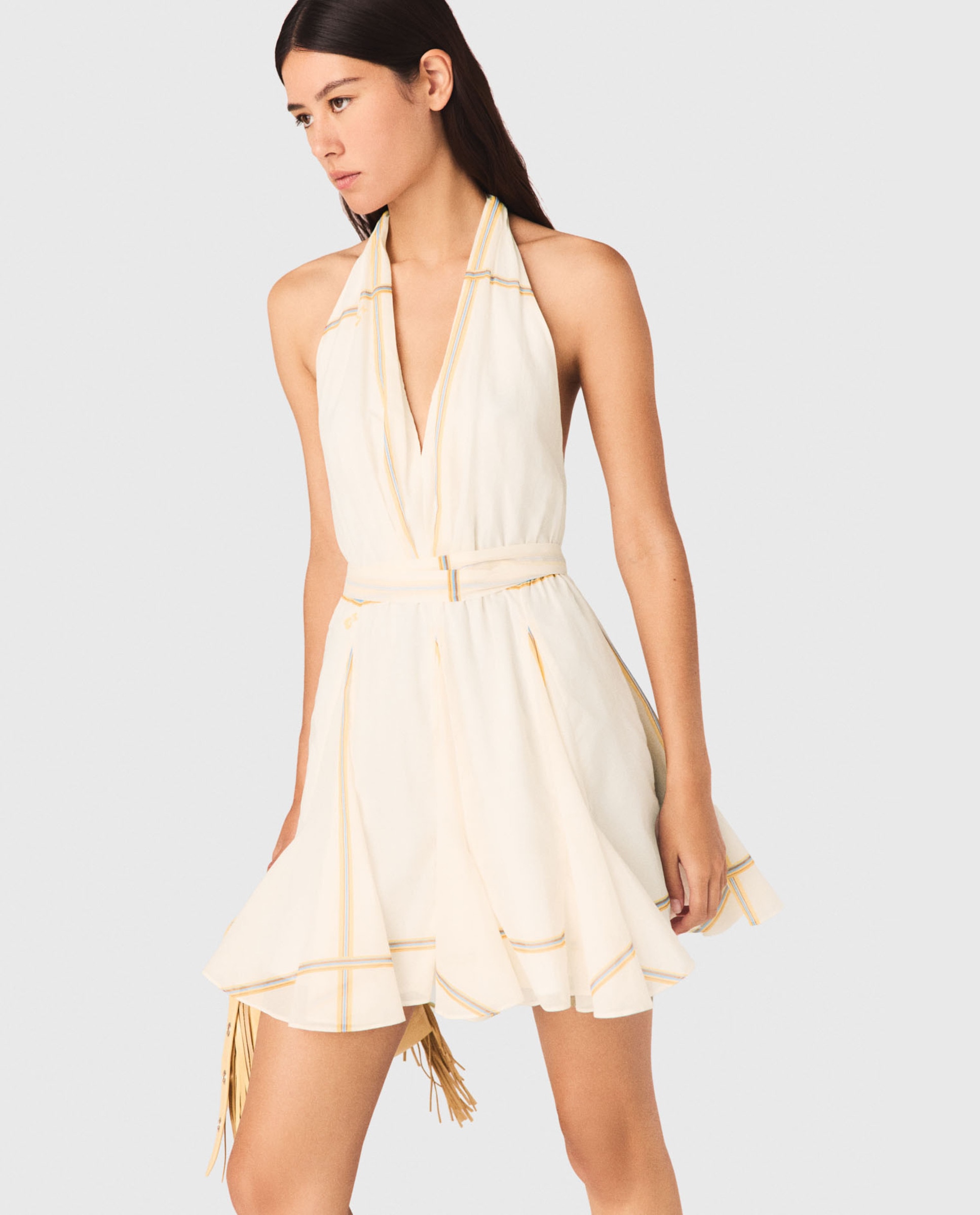 Vestido corto de algodón estampado de rayas y espalda descubierta - Maje - Blanco Blanco-4