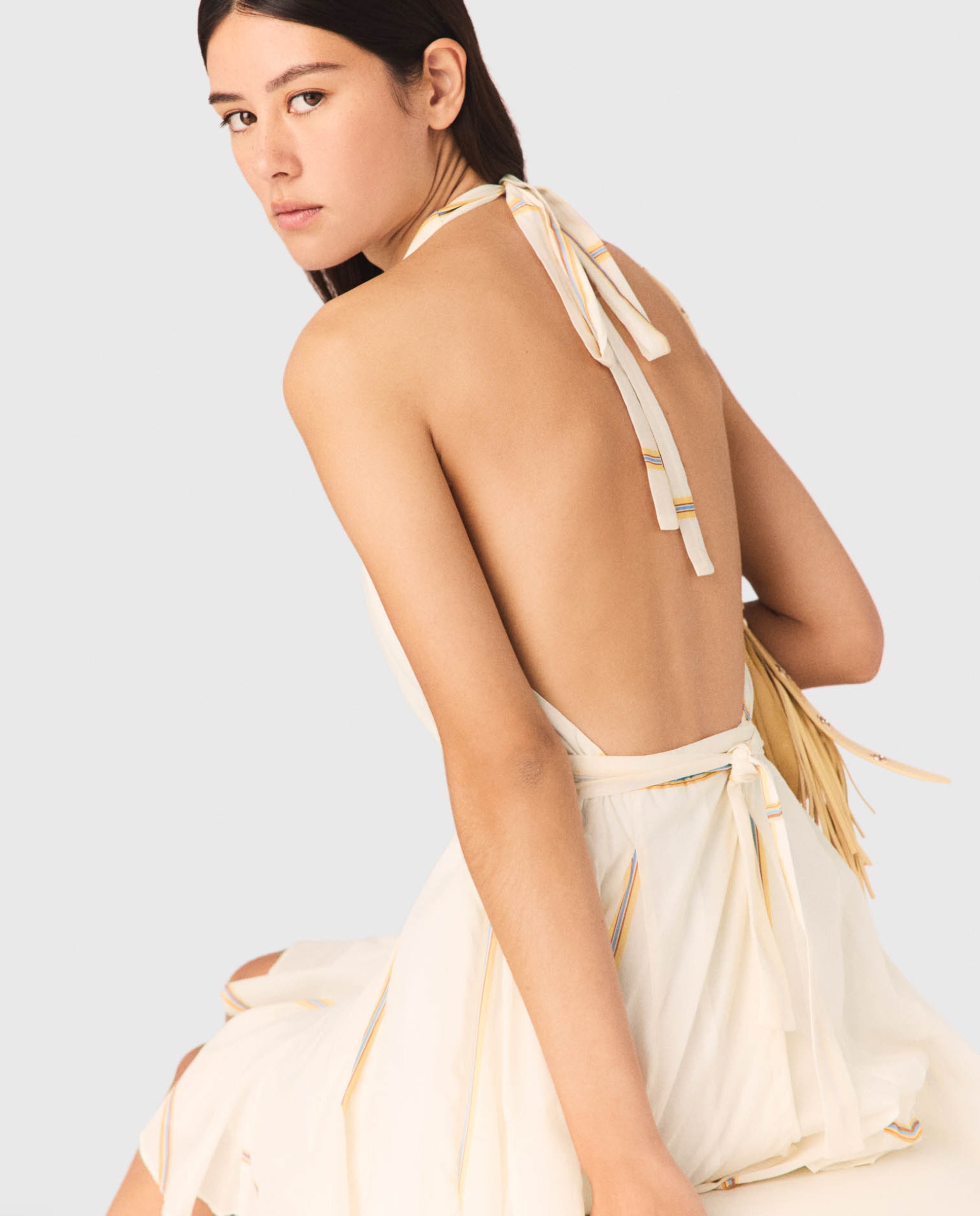 Vestido corto de algodón estampado de rayas y espalda descubierta - Maje - Blanco Blanco-6