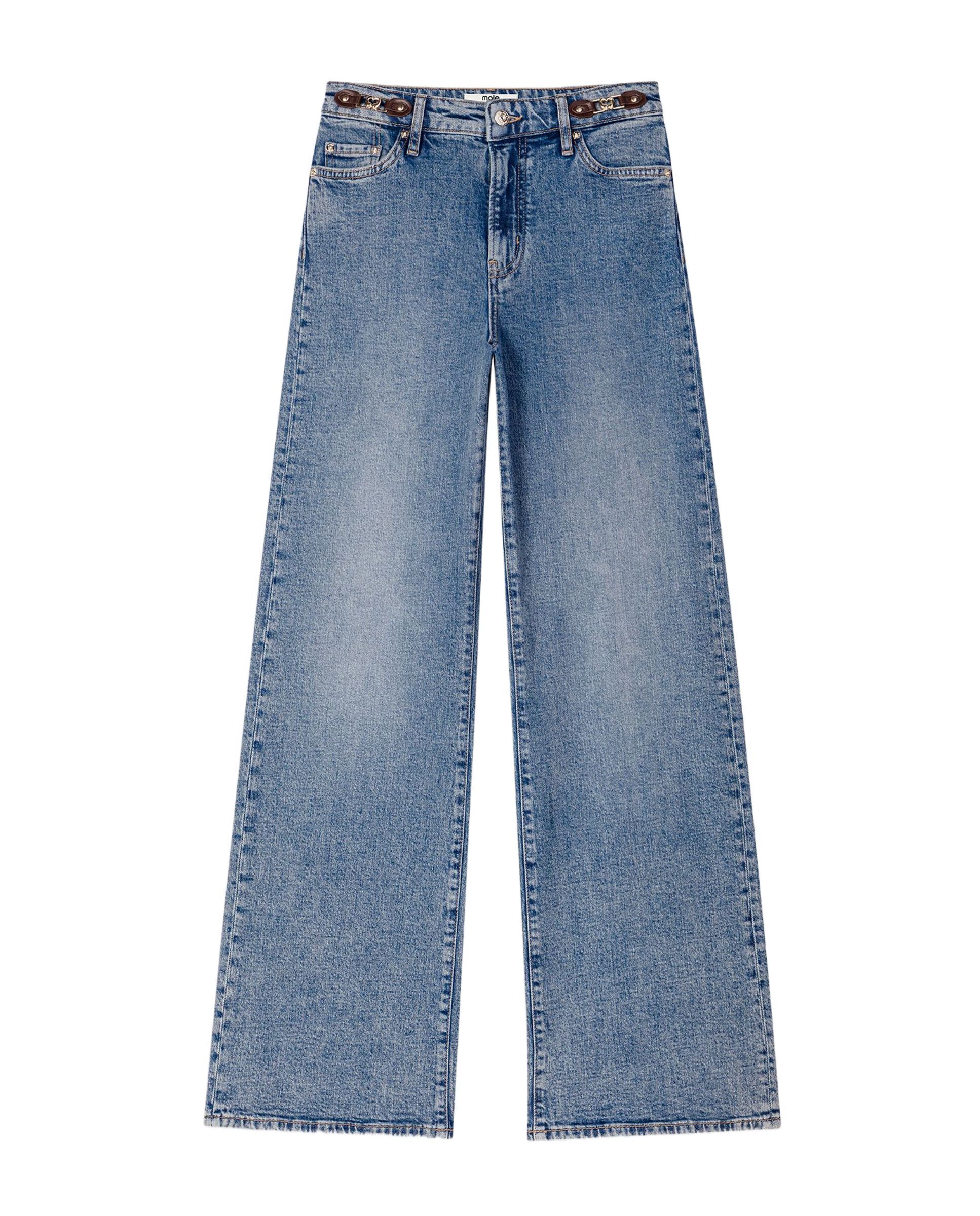 Vaquero de mujer ancho 100% algodón desteñido con hebillas de piel y eslabones metálicos - Maje - Azul Azul-8