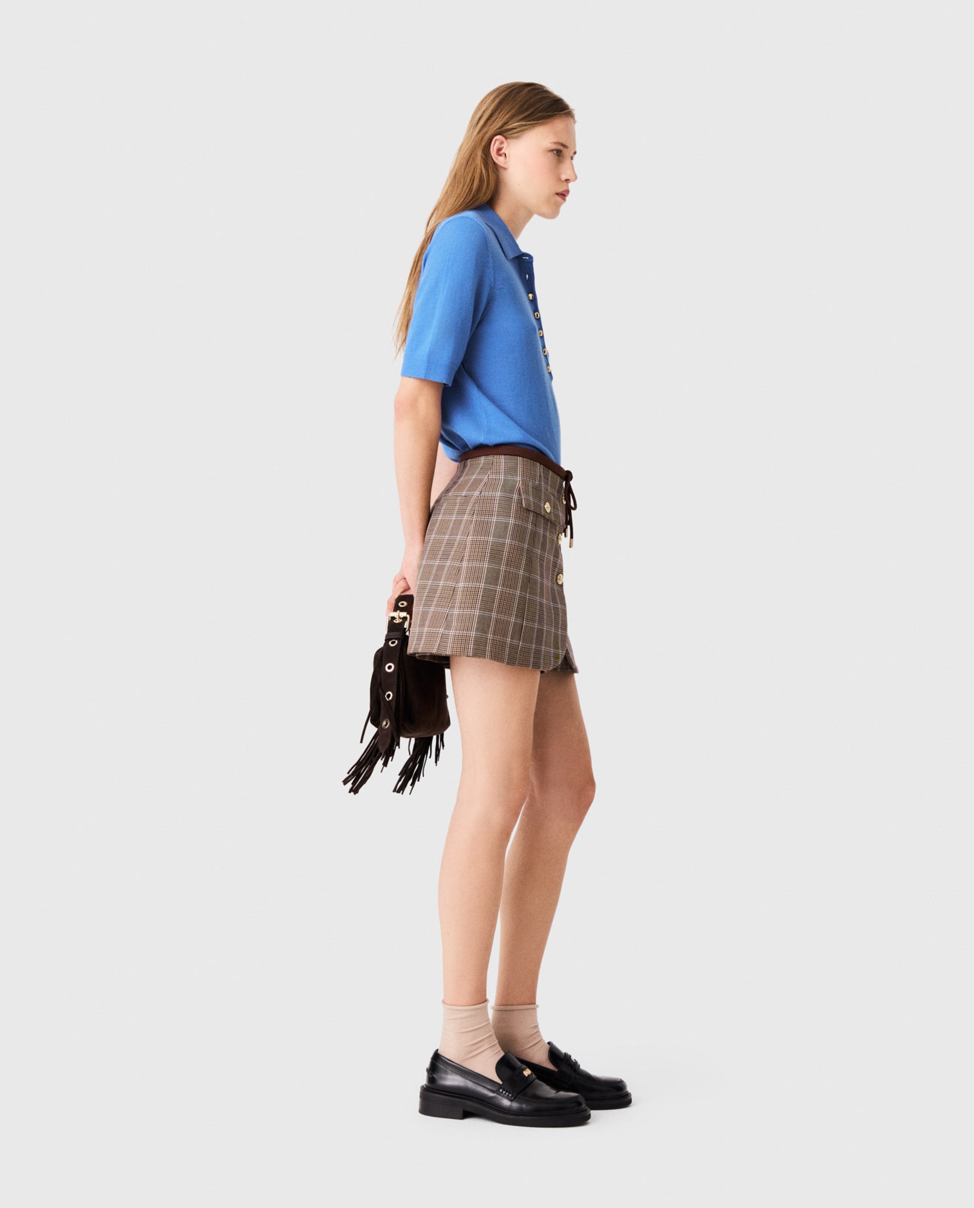Pantalón corto de mujer efecto trampantojo príncipe de gales - Maje - Marrón Marrón-3