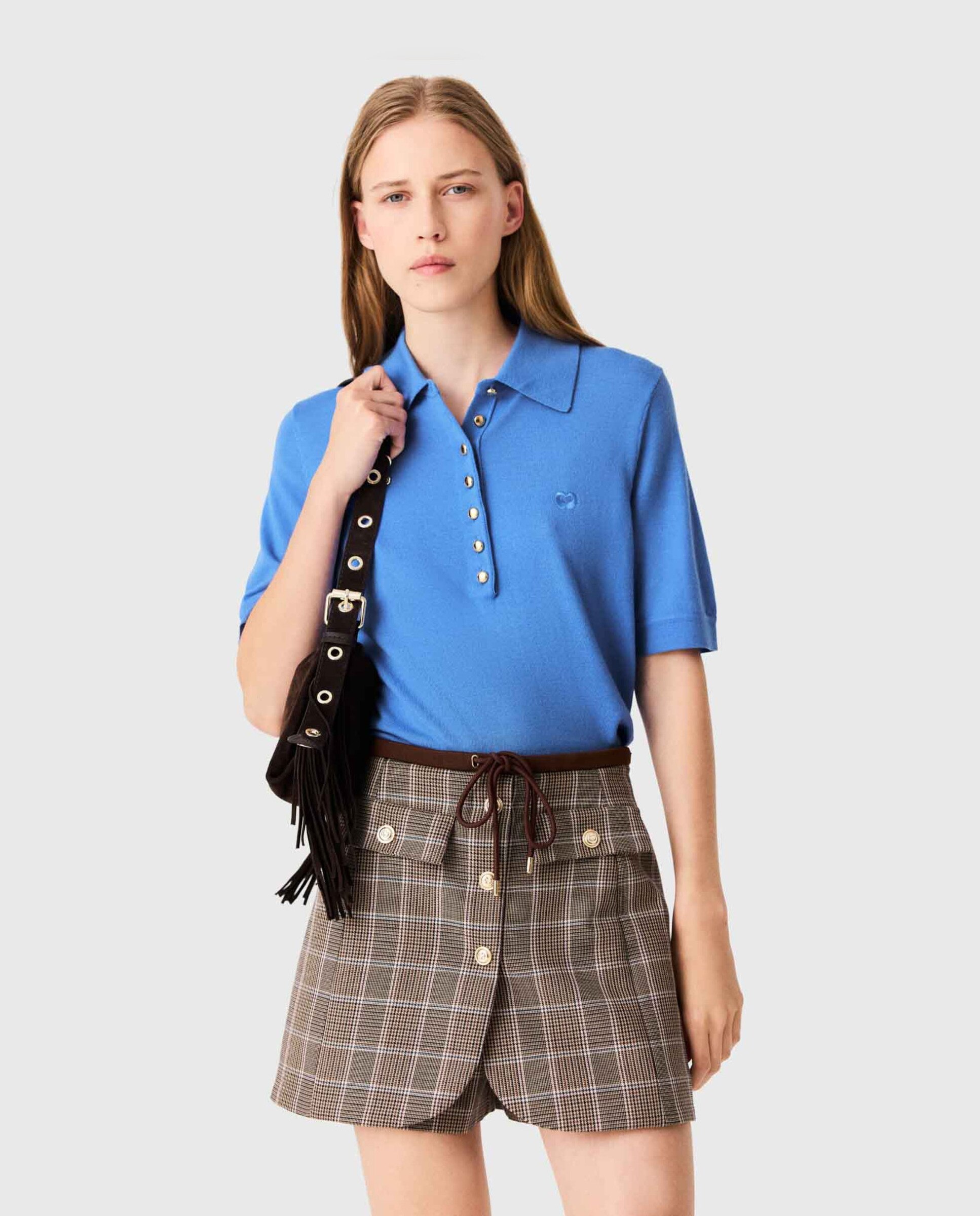 Pantalón corto de mujer efecto trampantojo príncipe de gales - Maje - Marrón Marrón-4