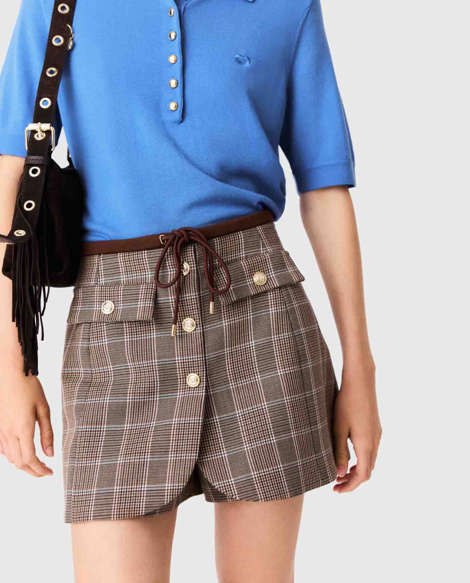 Pantalón corto de mujer efecto trampantojo príncipe de gales - Maje - Marrón Marrón-5