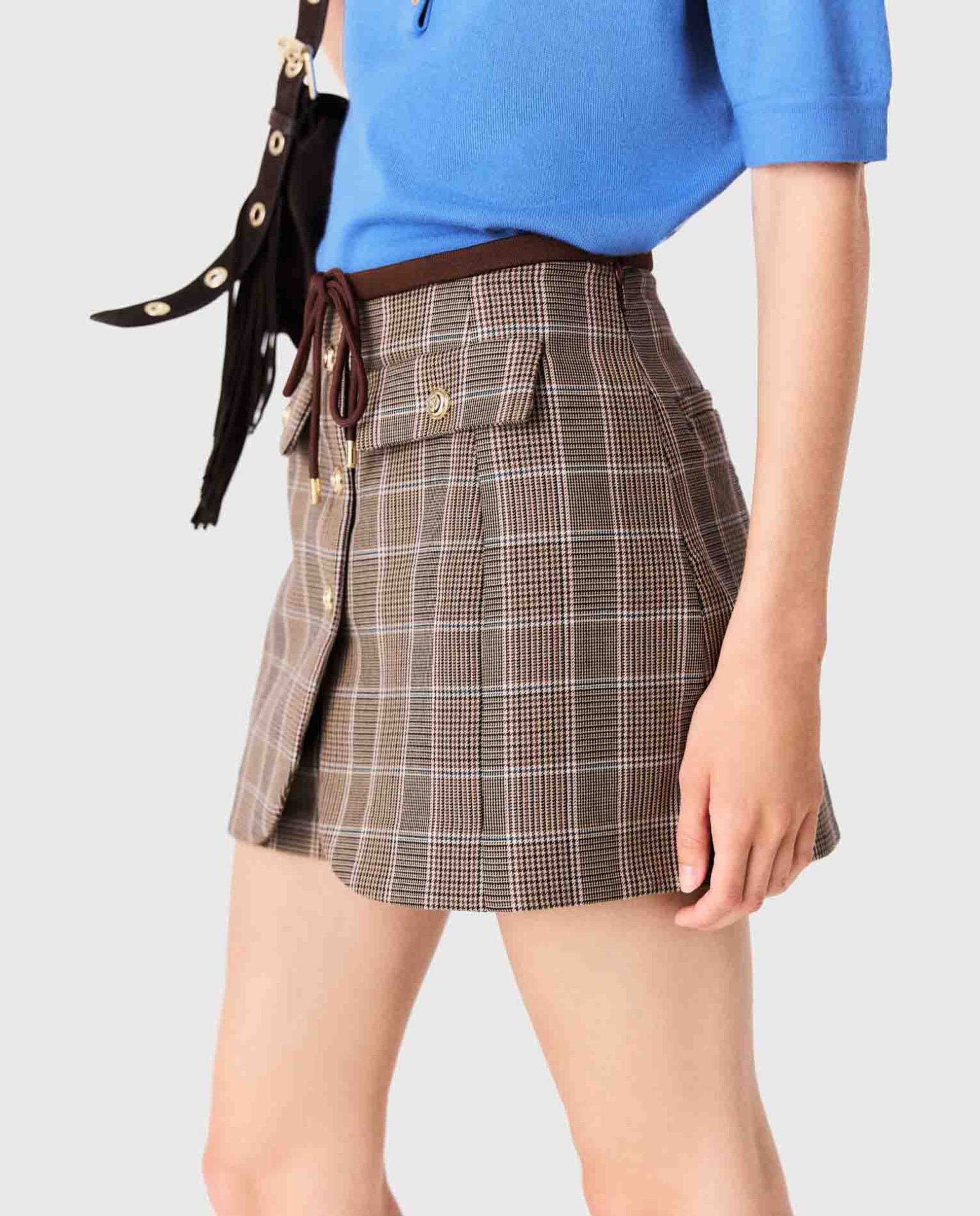 Pantalón corto de mujer efecto trampantojo príncipe de gales - Maje - Marrón Marrón-6