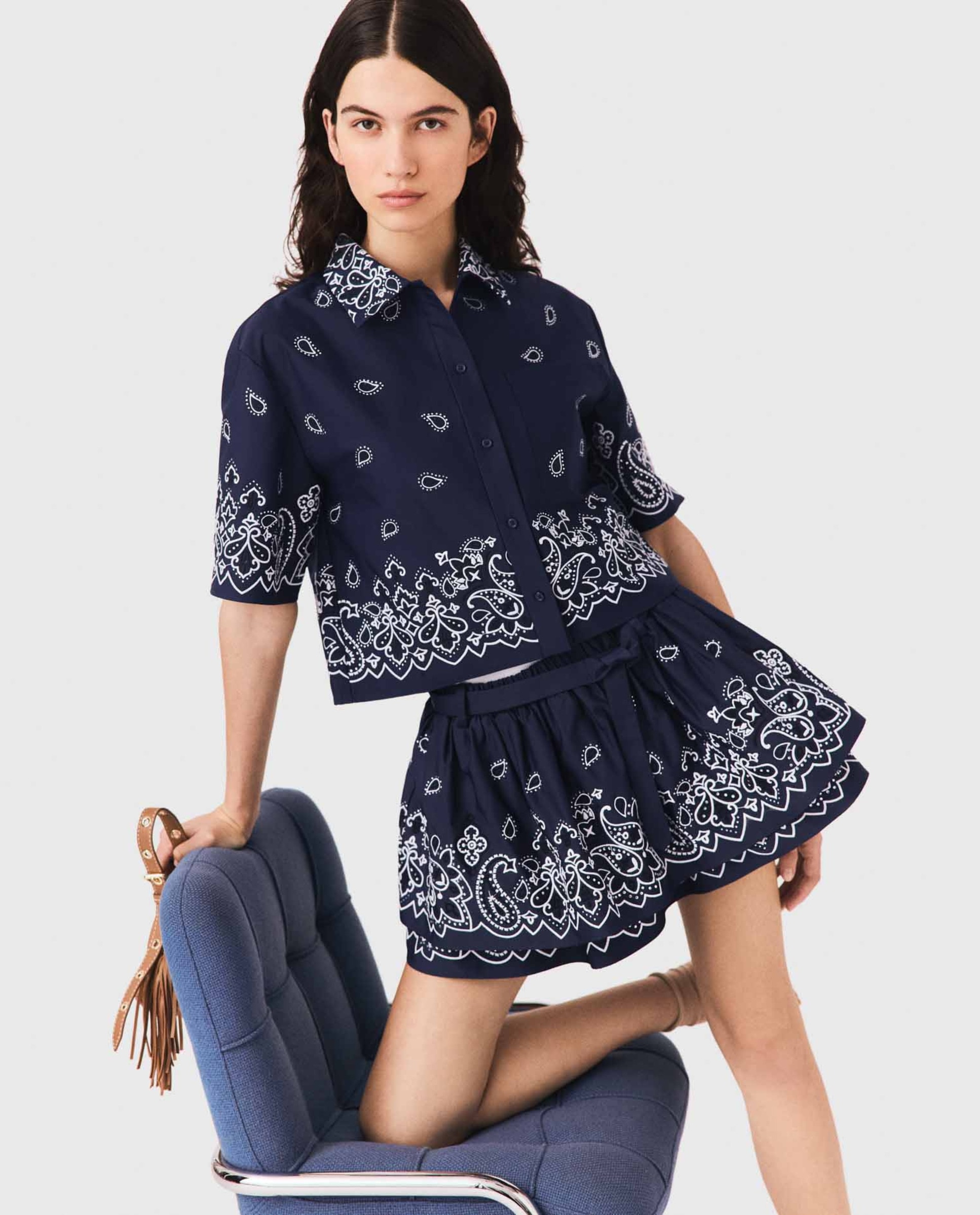 Falda corta acampanada con volantes y bordados de perlas y strass - Maje - Azul marino Azul marino-6