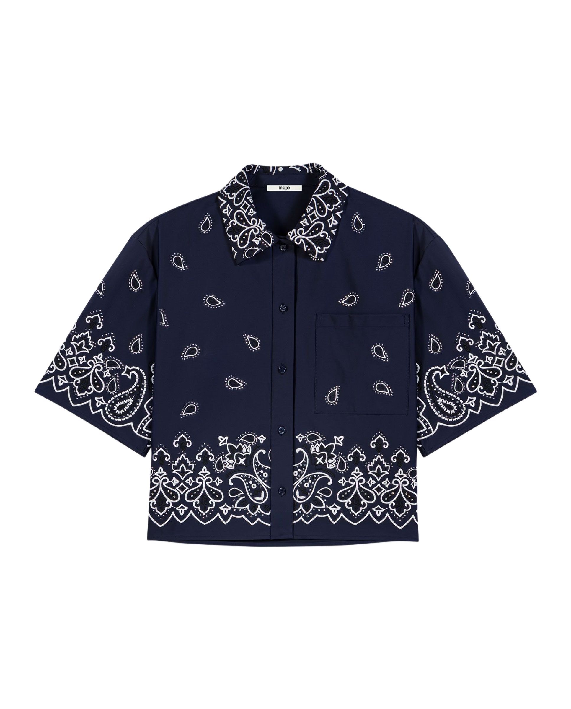 Camisa de mujer corta de tafetán con bordado bandana - Maje - Azul marino Azul marino-7