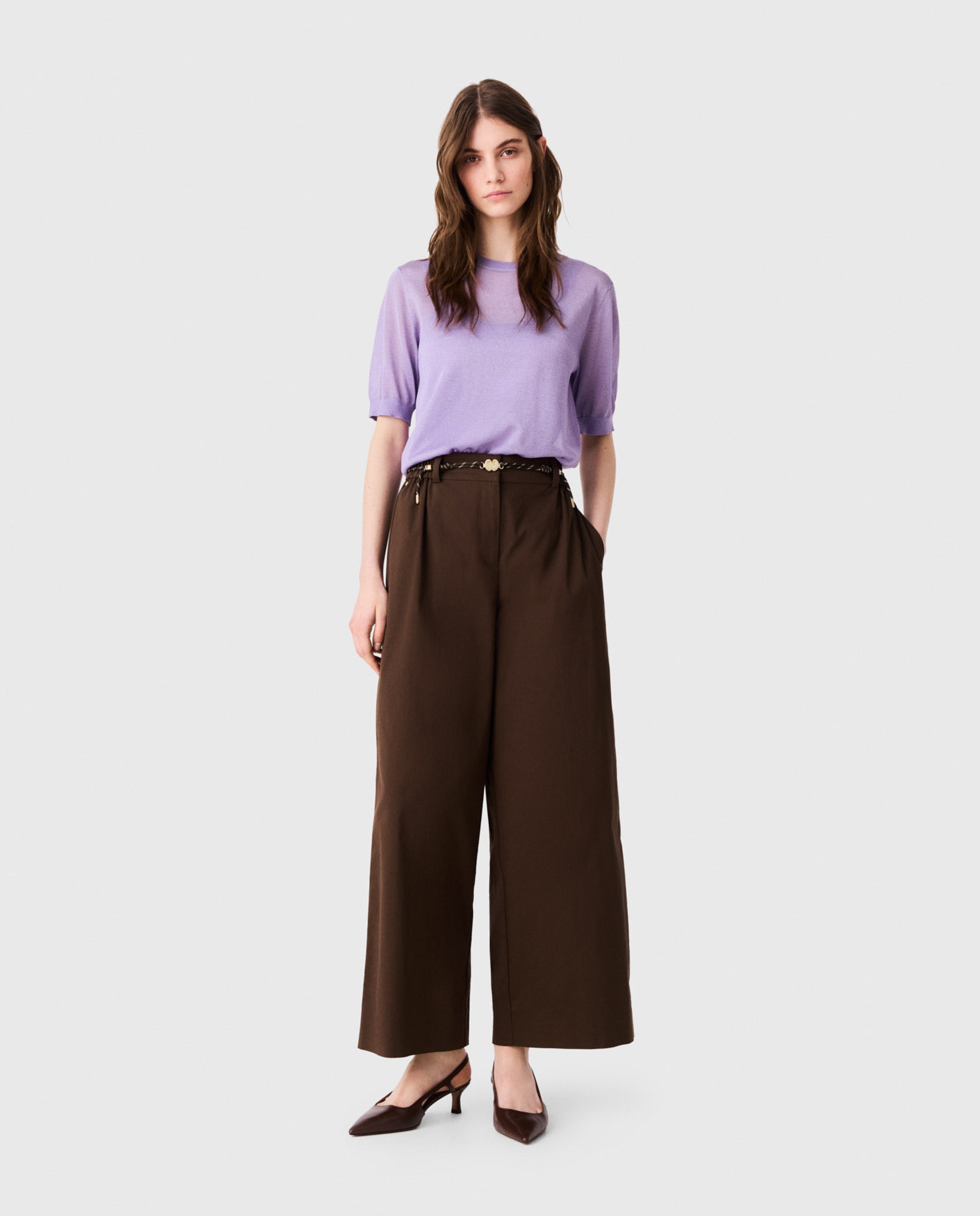 Pantalones anchos de mujer acampanados de algodón - Maje - Marrón Marrón-1