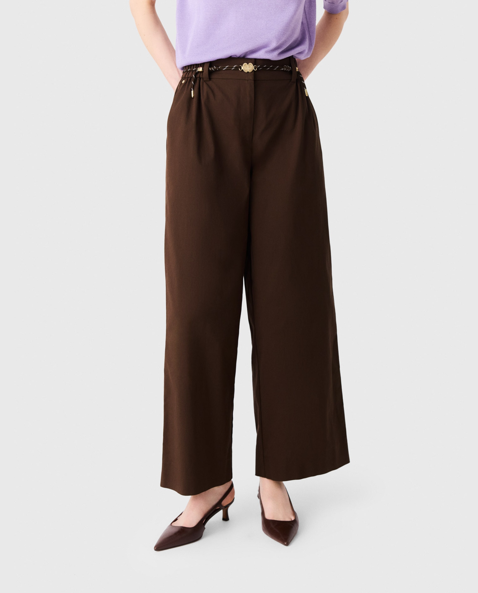 Pantalones anchos de mujer acampanados de algodón - Maje - Marrón Marrón-2