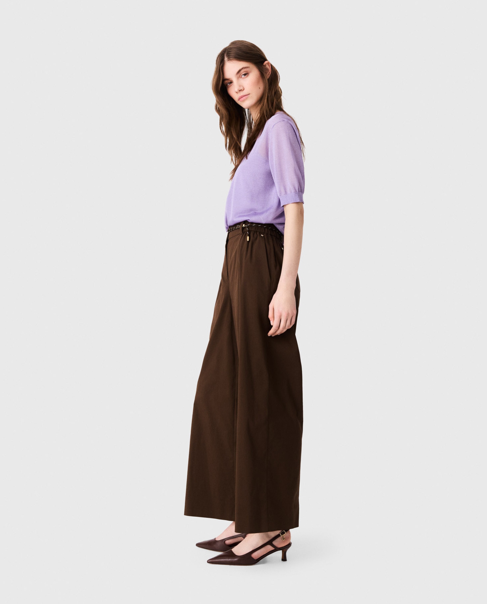Pantalones anchos de mujer acampanados de algodón - Maje - Marrón Marrón-4