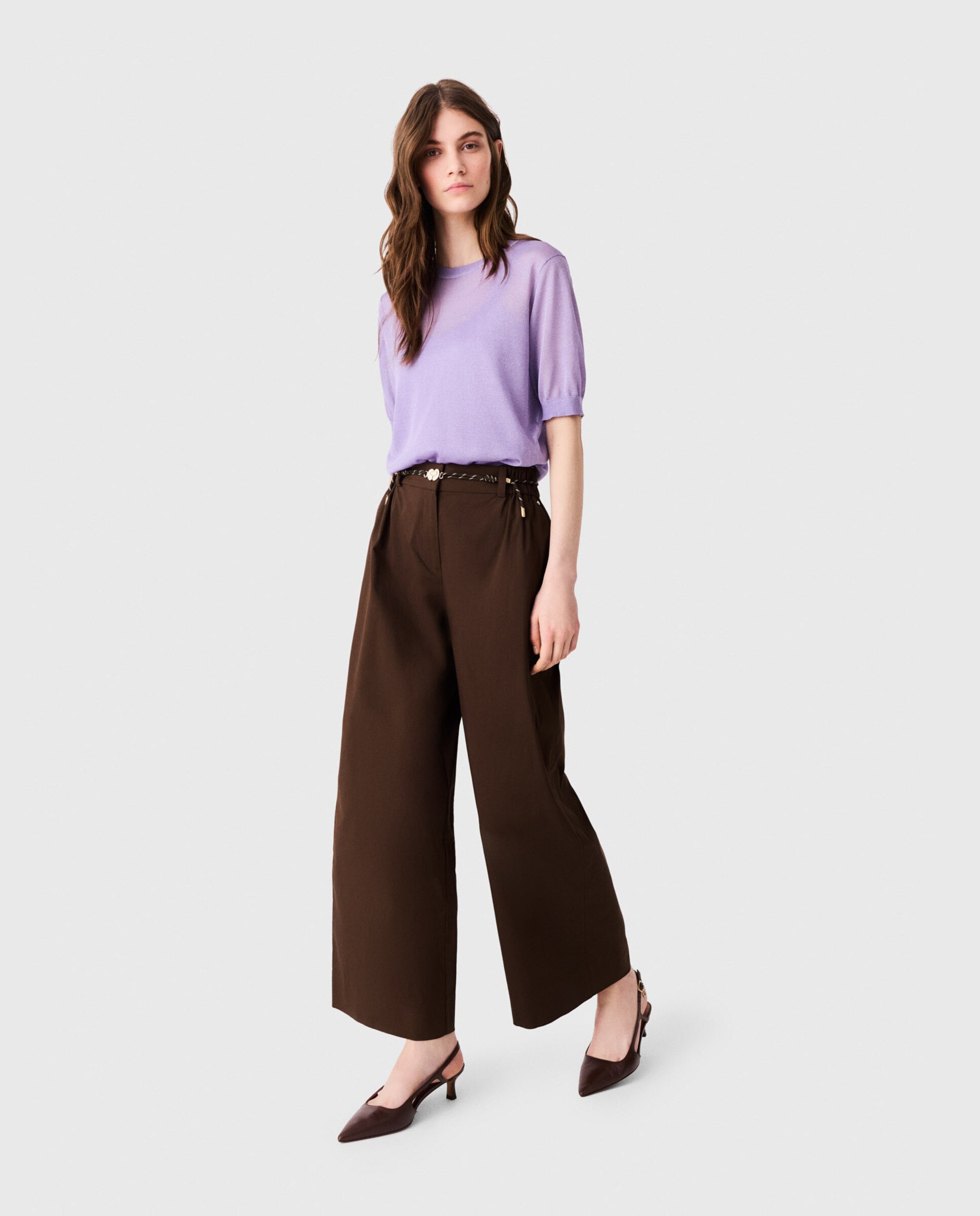 Pantalones anchos de mujer acampanados de algodón - Maje - Marrón Marrón-5