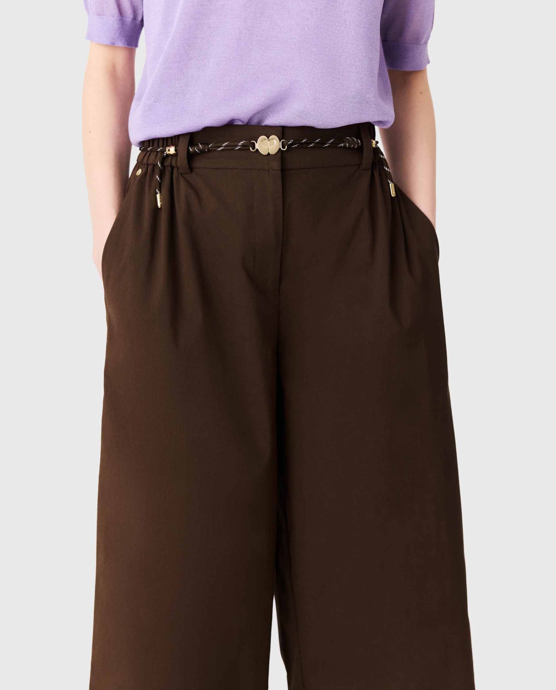Pantalones anchos de mujer acampanados de algodón - Maje - Marrón Marrón-6