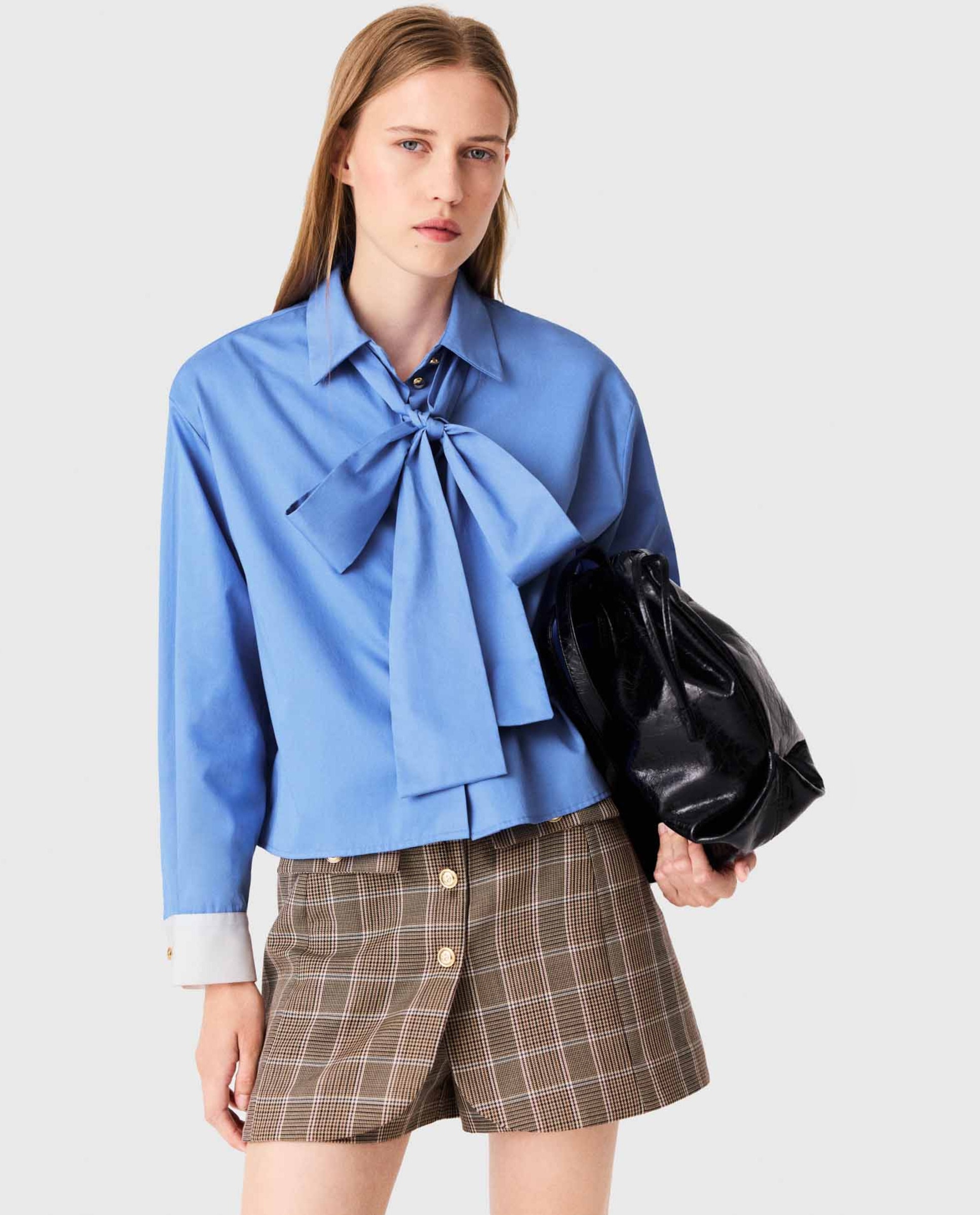 Camisa corta de mujer de algodón con lazo - Maje - Azul Azul-1