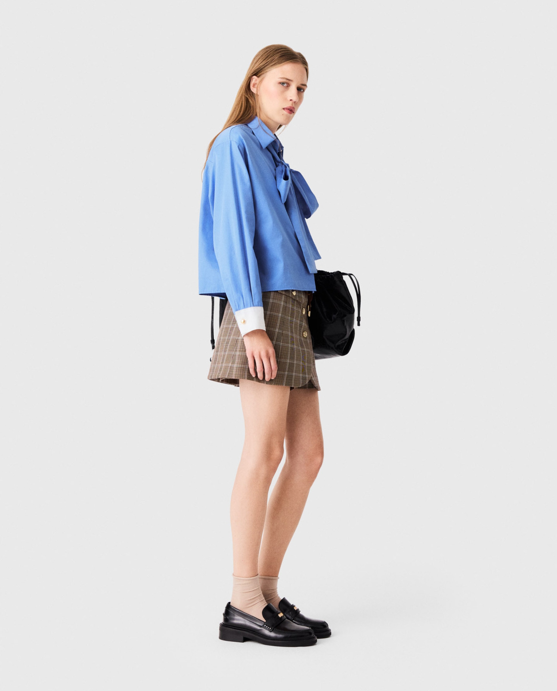 Camisa corta de mujer de algodón con lazo - Maje - Azul Azul-3