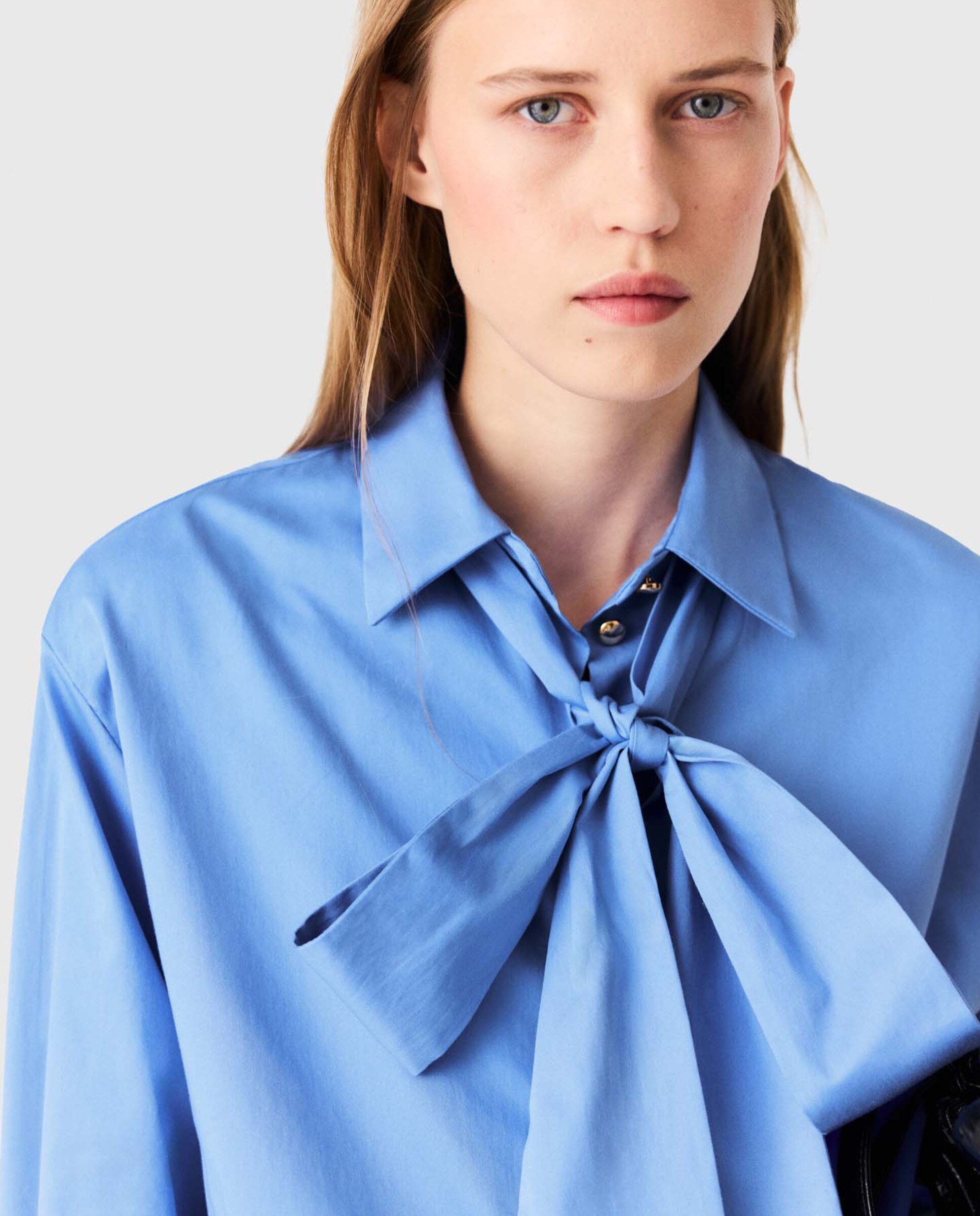 Camisa corta de mujer de algodón con lazo - Maje - Azul Azul-5