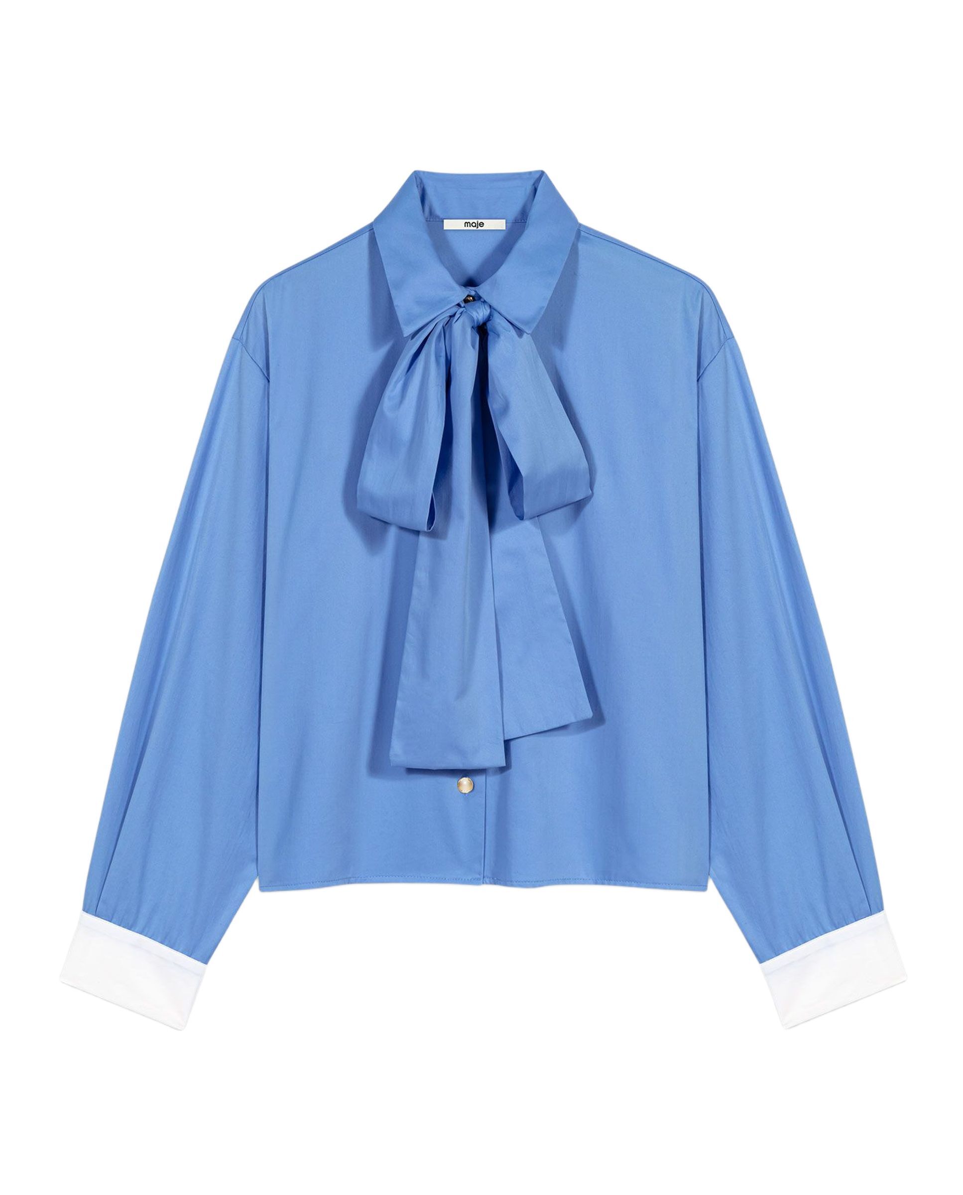Camisa corta de mujer de algodón con lazo - Maje - Azul Azul-8