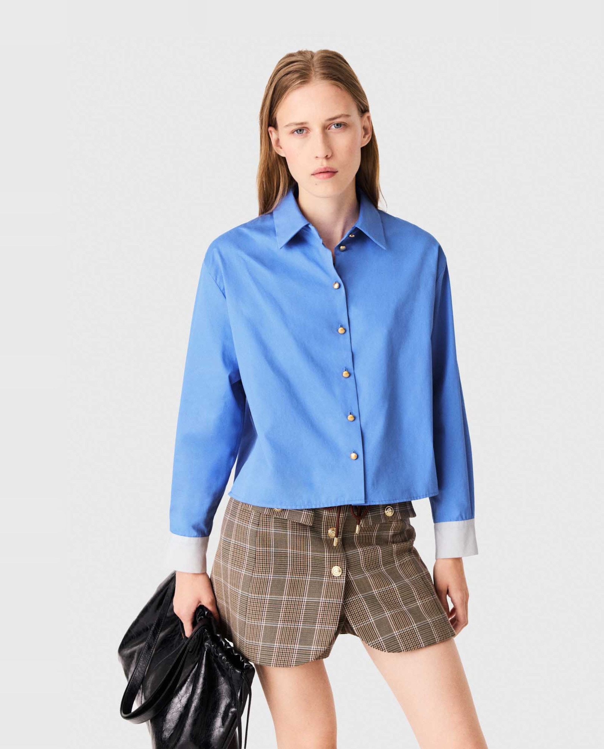 Camisa corta de mujer de algodón con lazo - Maje - Azul Azul-7