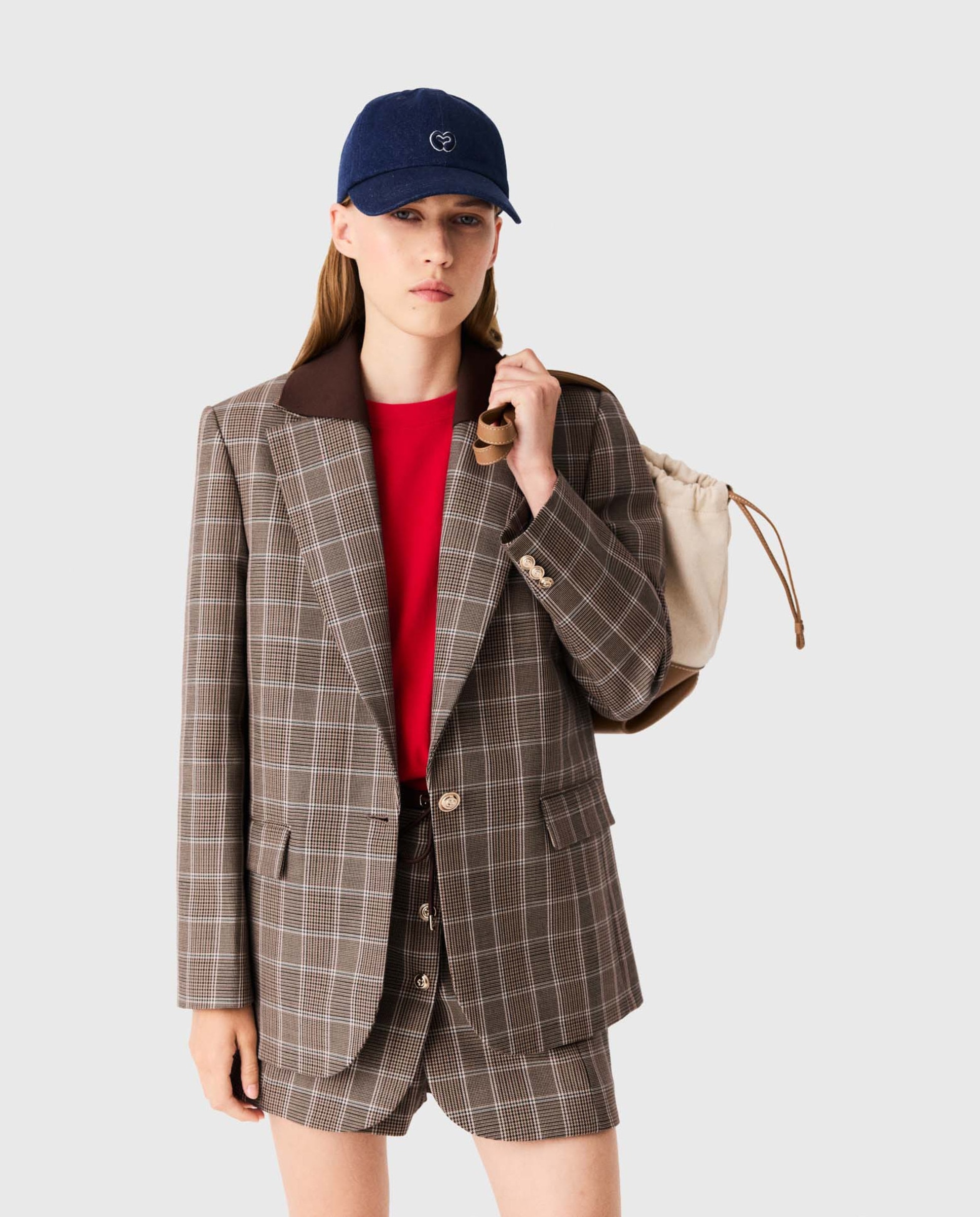 Blazer de mujer príncipe de gales de lana y algodón con cuello extraíble - Maje - Marrón Marrón-1
