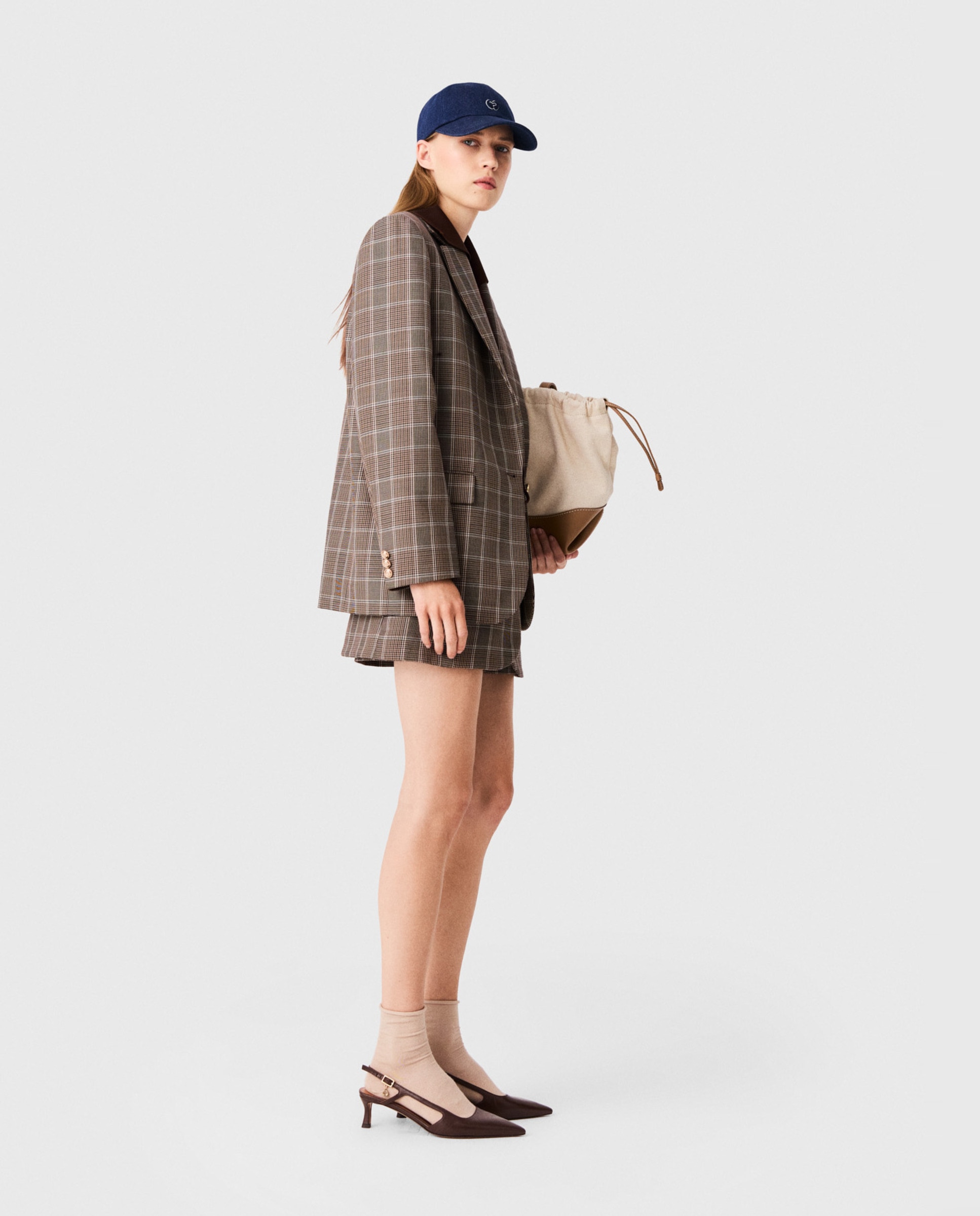 Blazer de mujer príncipe de gales de lana y algodón con cuello extraíble - Maje - Marrón Marrón-3