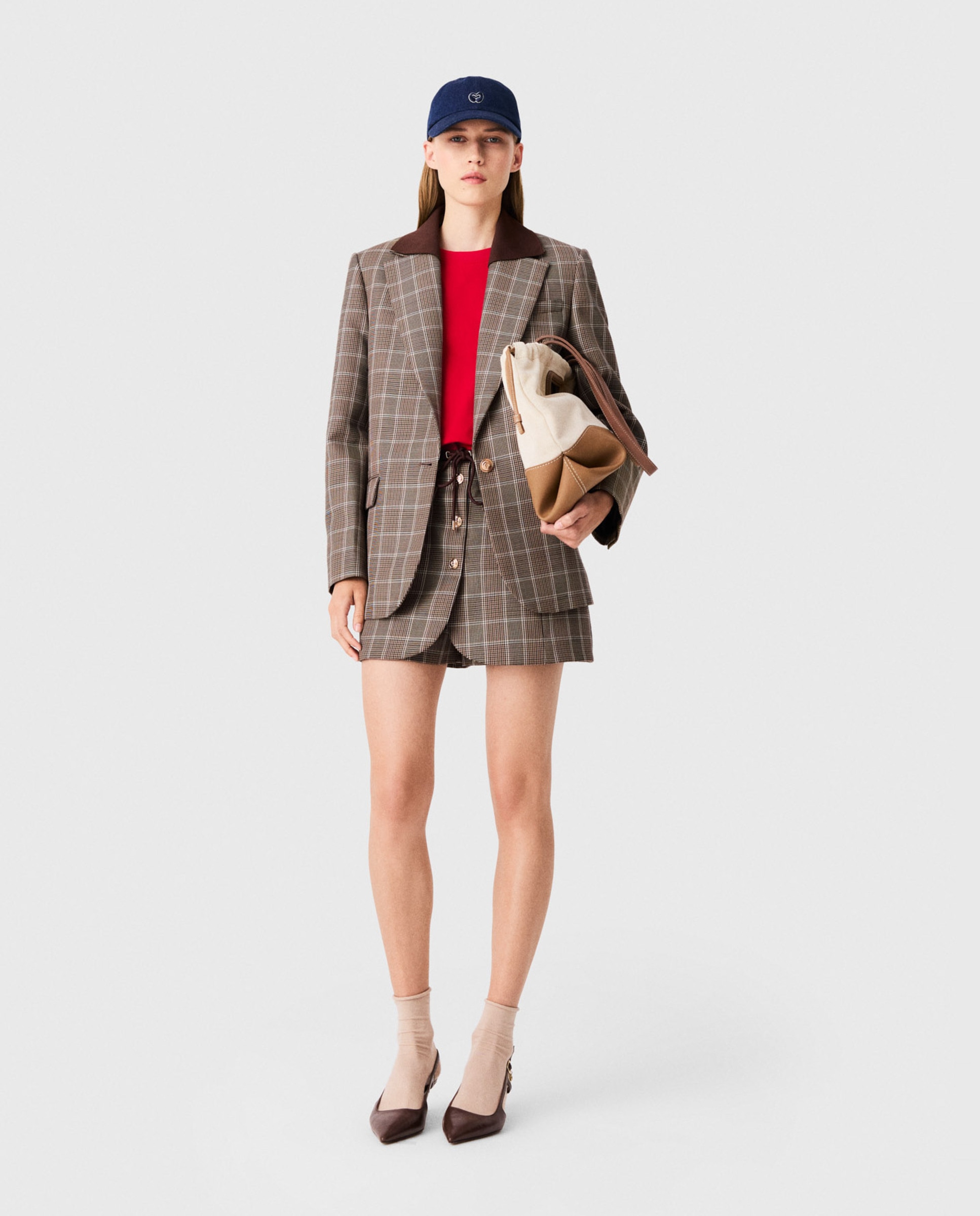 Blazer de mujer príncipe de gales de lana y algodón con cuello extraíble - Maje - Marrón Marrón-4