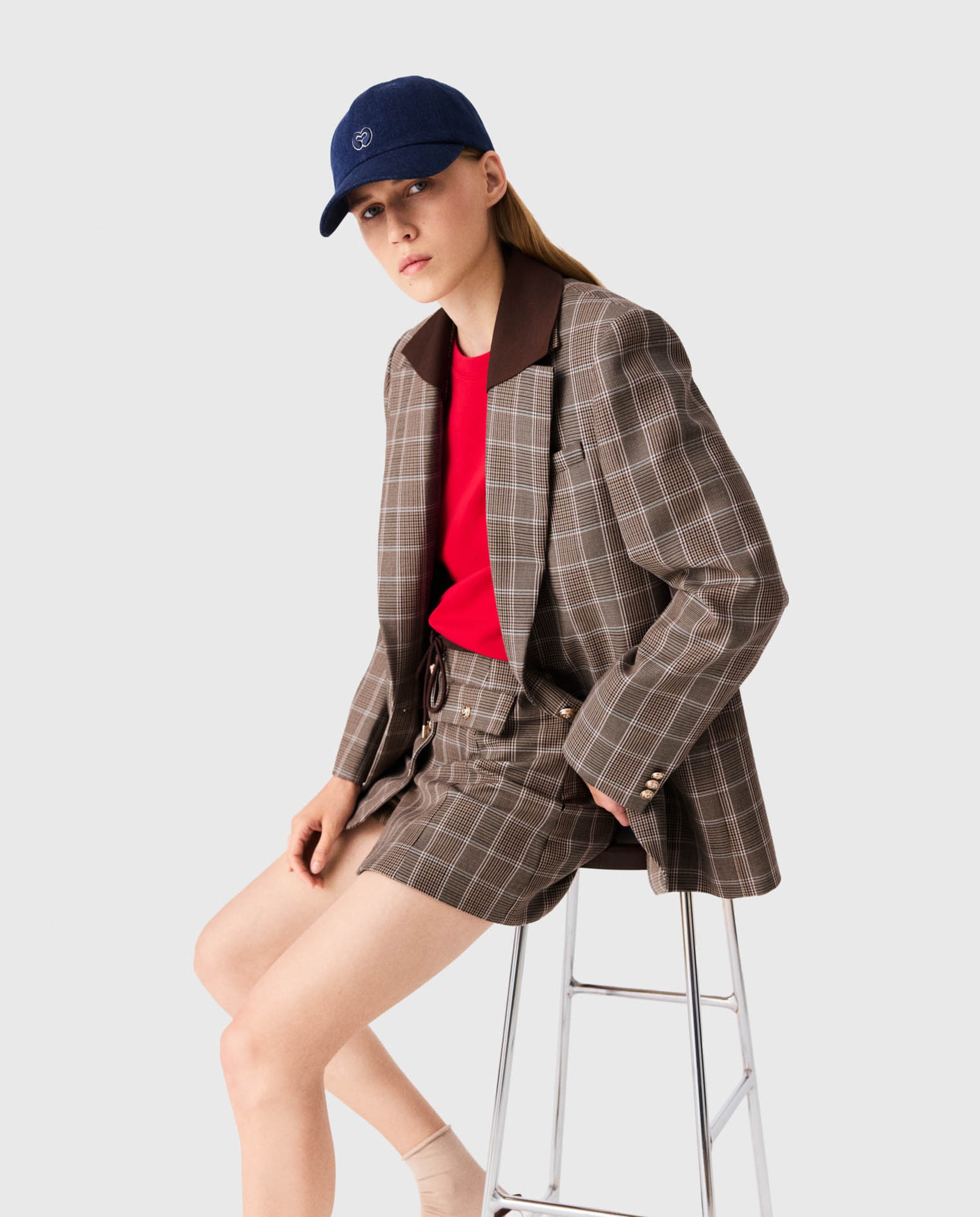 Blazer de mujer príncipe de gales de lana y algodón con cuello extraíble - Maje - Marrón Marrón-5