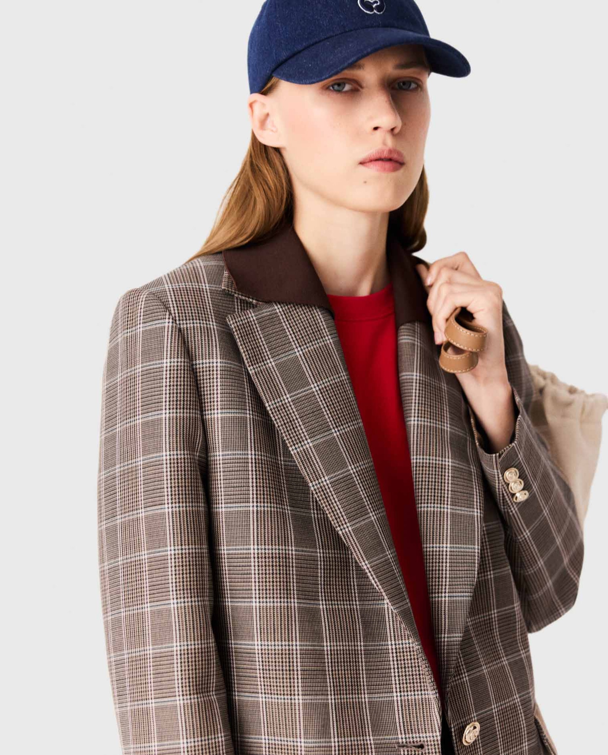 Blazer de mujer príncipe de gales de lana y algodón con cuello extraíble - Maje - Marrón Marrón-6