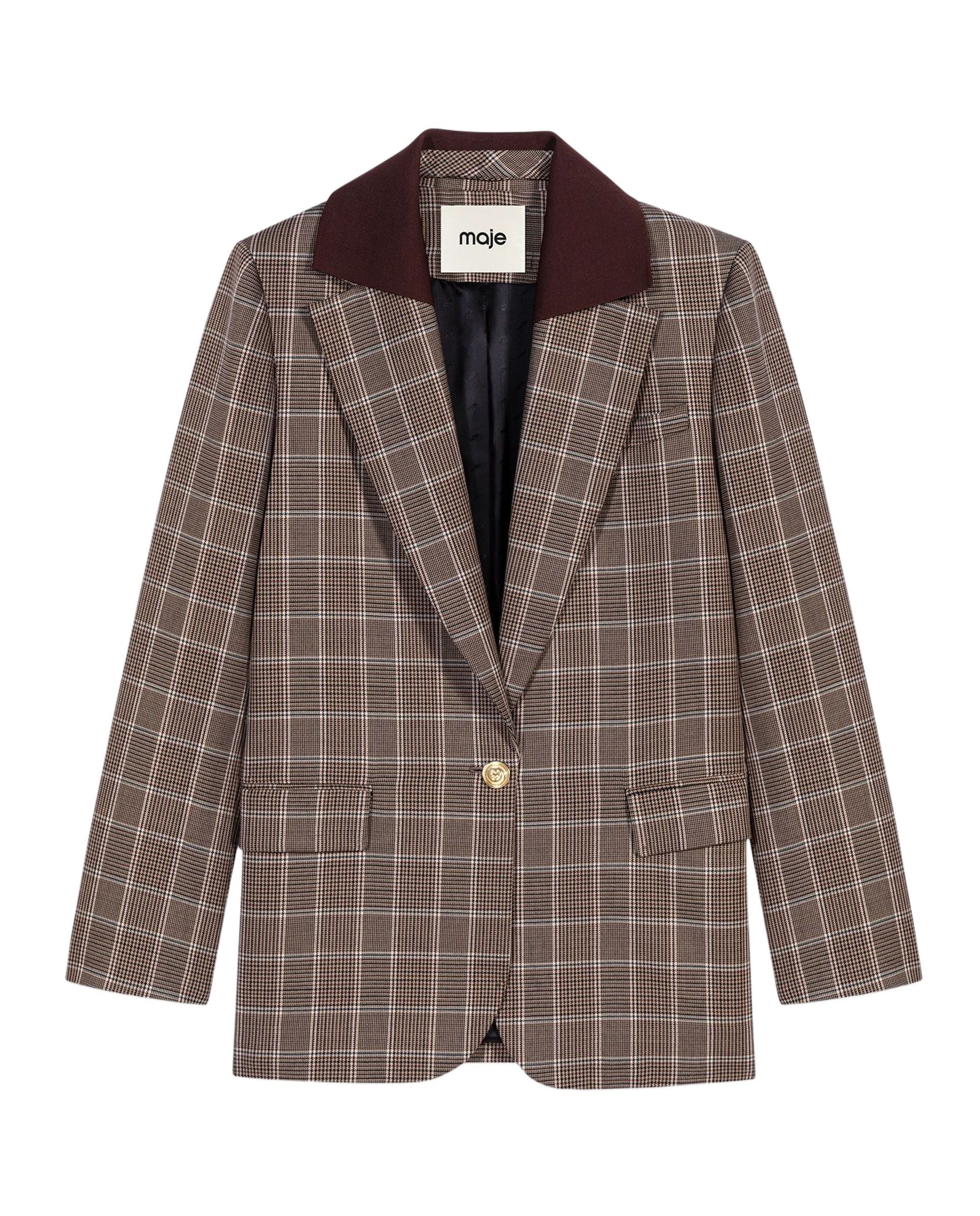 Blazer de mujer príncipe de gales de lana y algodón con cuello extraíble - Maje - Marrón Marrón-8