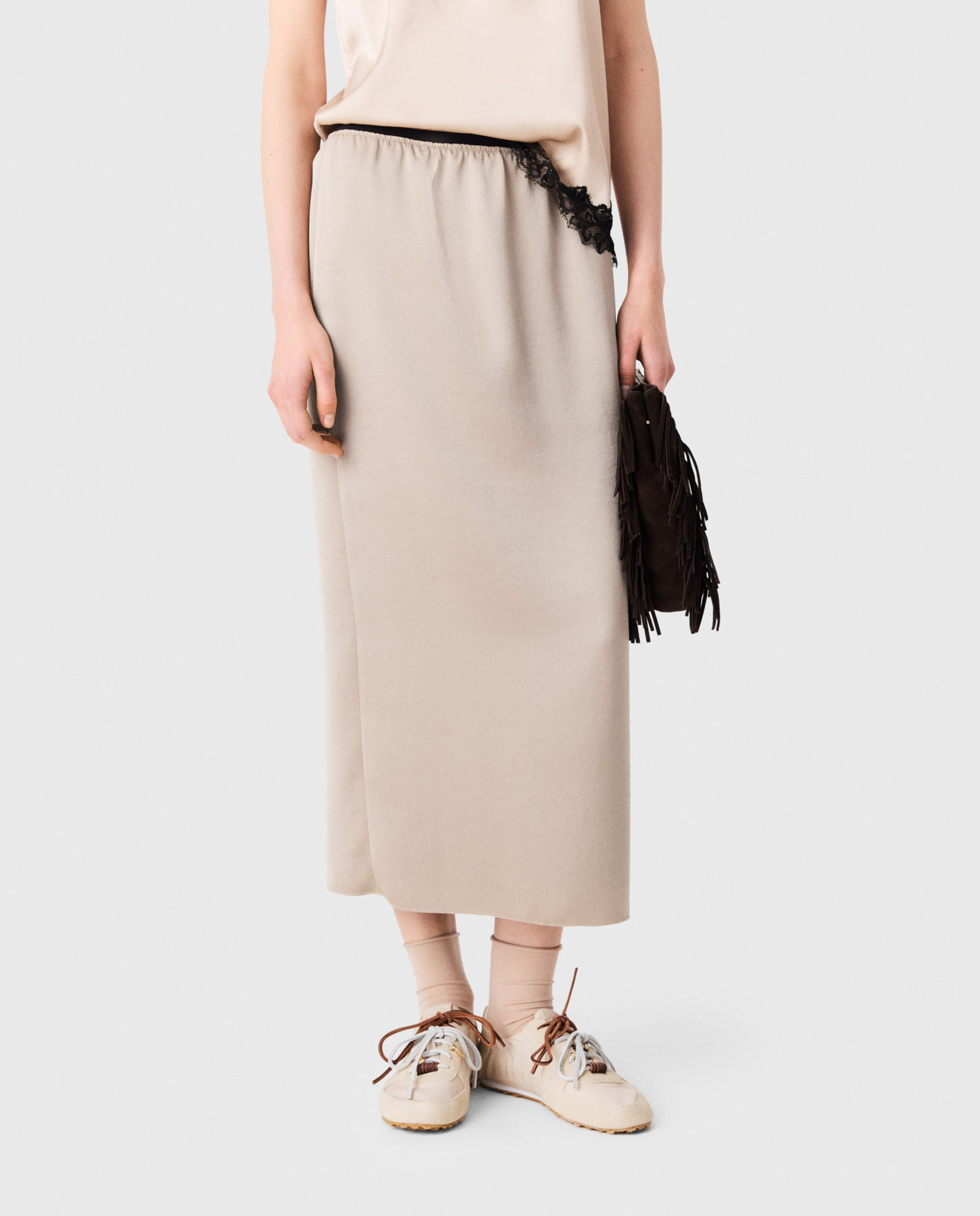 Falda midi lápiz de satén - Maje - Beige Beige-2