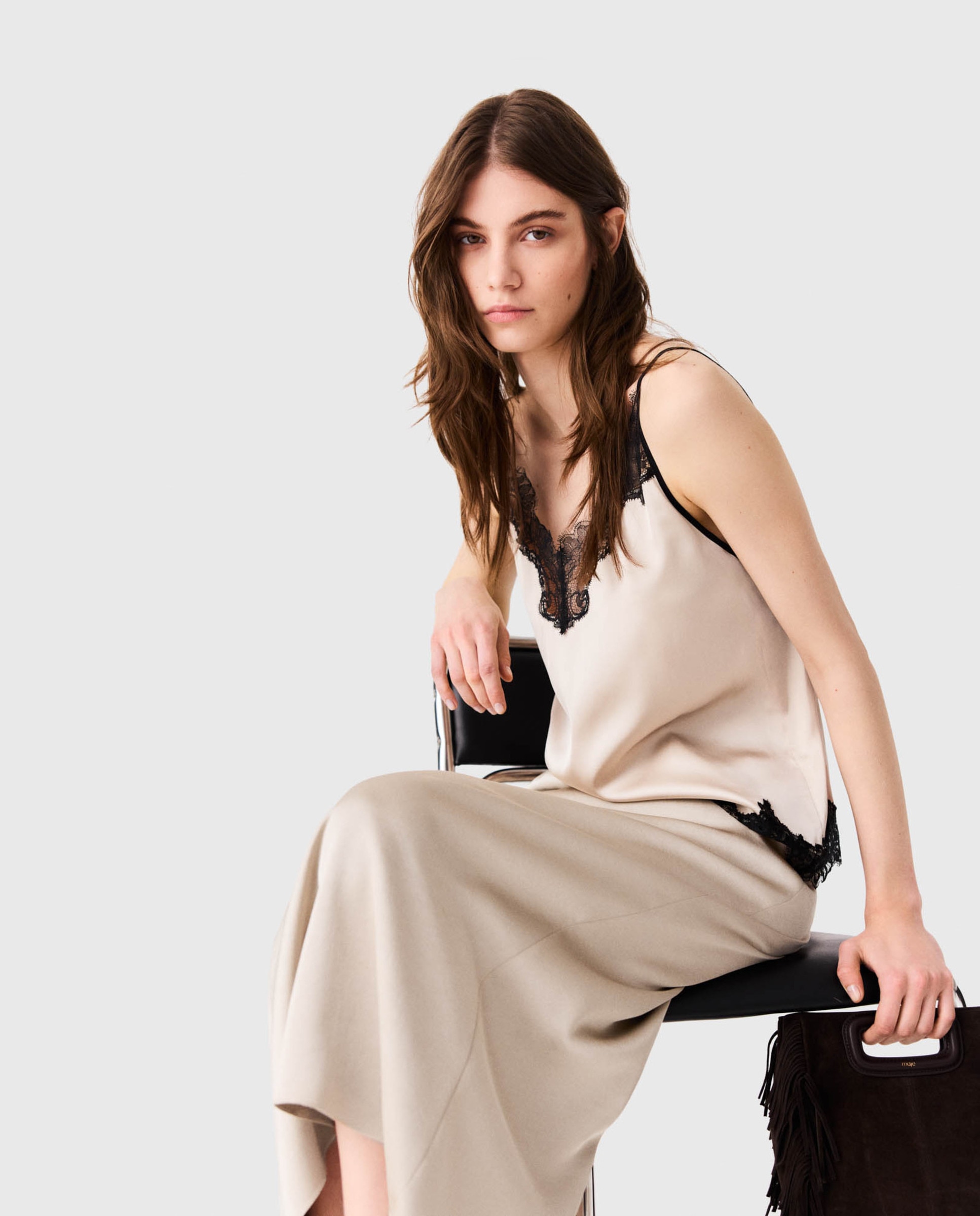 Falda midi lápiz de satén - Maje - Beige Beige-5