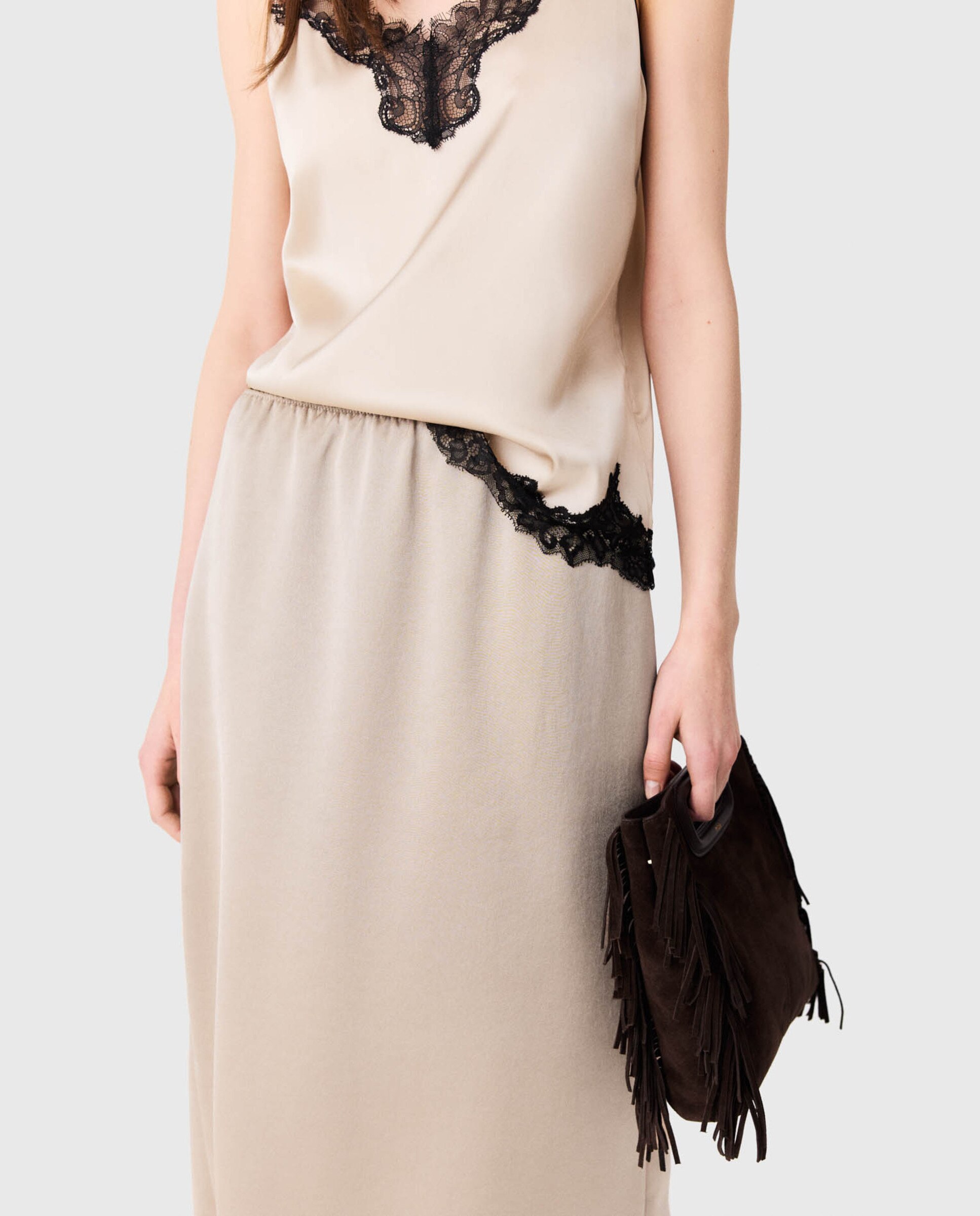 Falda midi lápiz de satén - Maje - Beige Beige-6