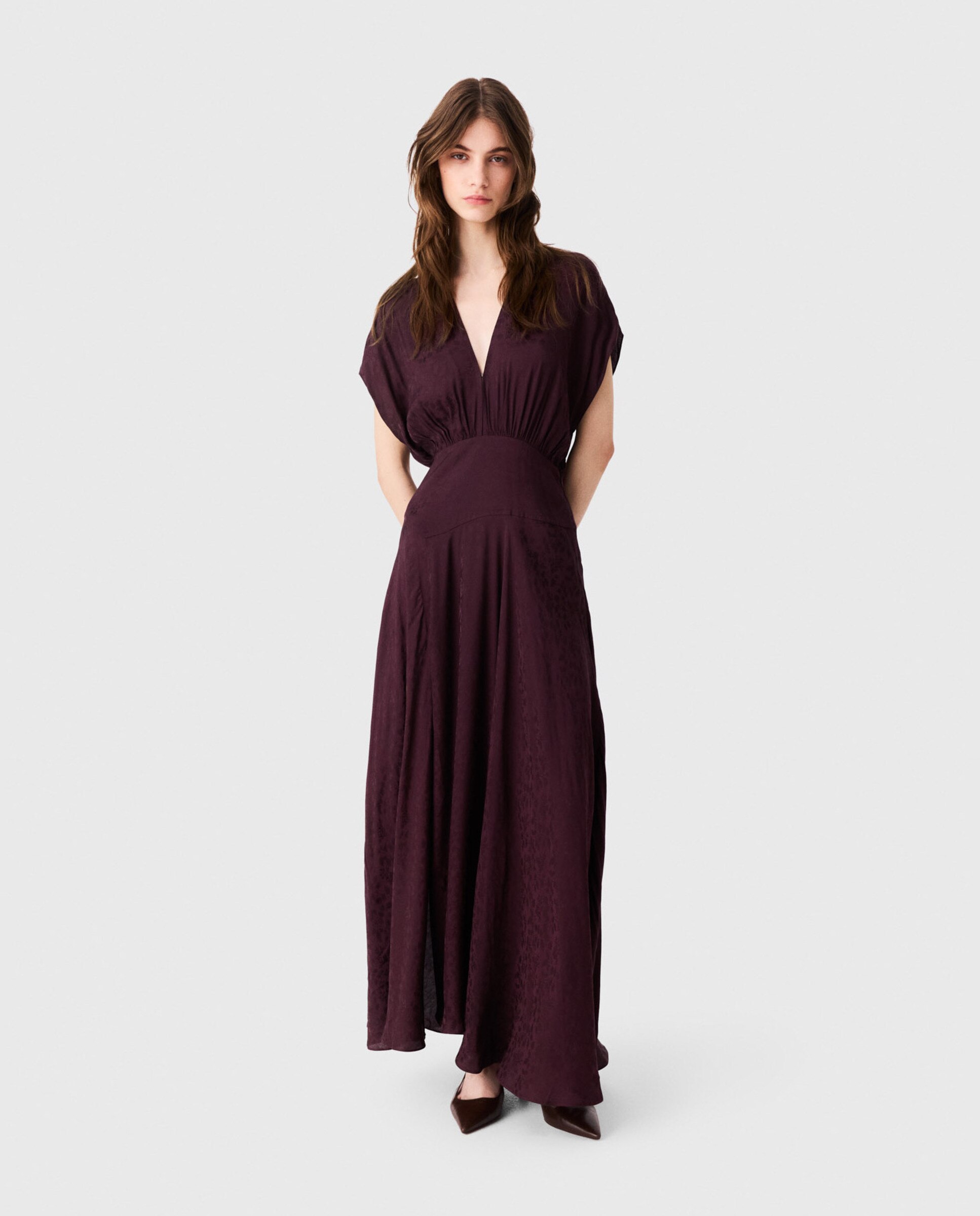 Vestido largo jacquard con escote en v - Maje - Rojo Rojo-4