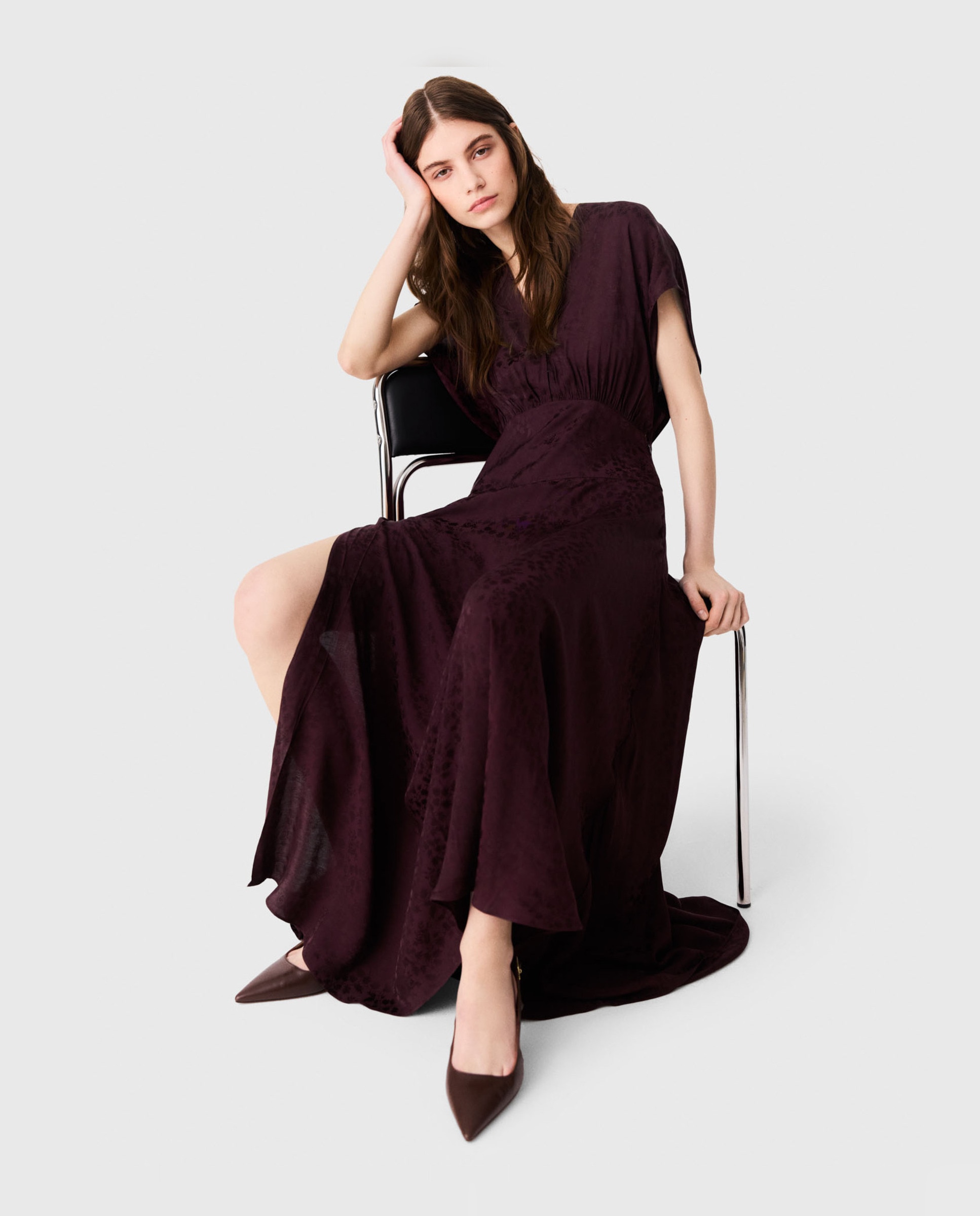 Vestido largo jacquard con escote en v - Maje - Rojo Rojo-5