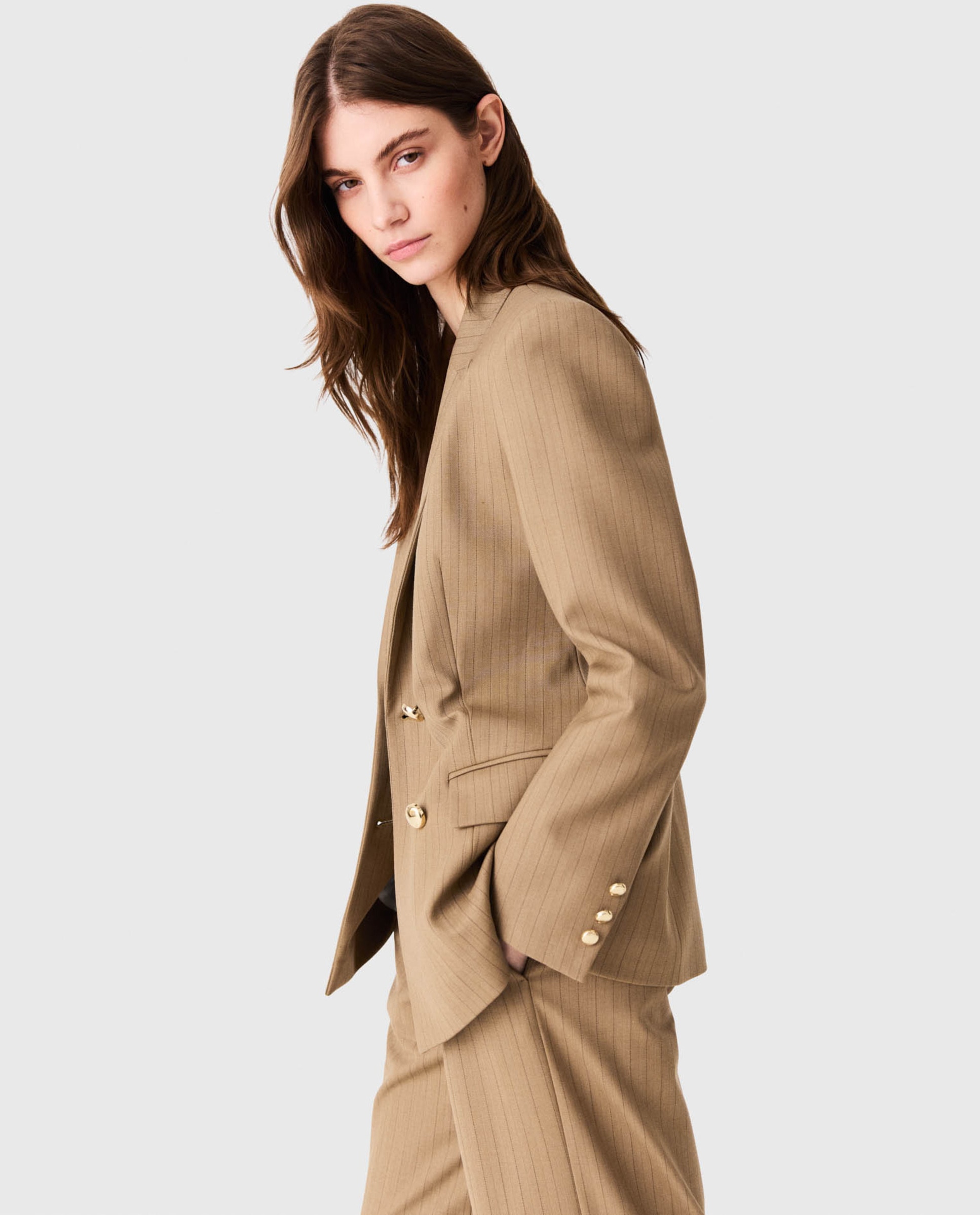 Chaqueta de mujer cruzada de lana con raya diplomática - Maje - Beige Beige-3